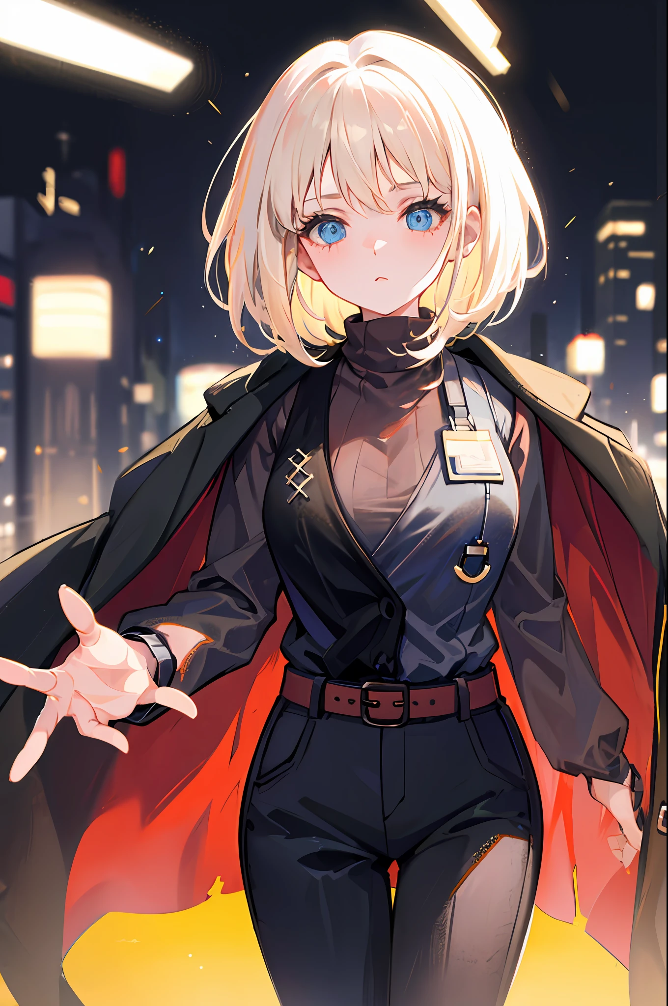 Soft lighting, (masutepiece, Best Quality), faust_limbus, default_outfit, Blue eyes, 1girl in, Solo, Black coat, Black vest, Brown sweater, coat on shoulders, Black belt, Black pants, ID Card, Simple background, Cowboy Shot