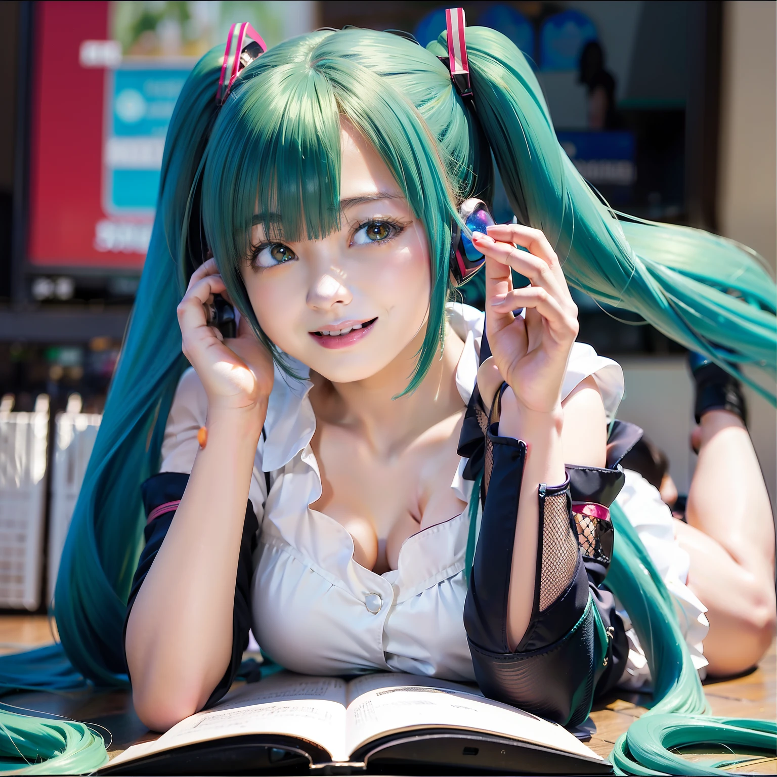 ((Anime – with stylish women with emerald green hair and head、A smile、Celebrating the 15th anniversary of our founding.(miku hatsune)Virtual singers that everyone knows now)), miku hatsune、anime goddess, Anime girl with twin-tailed long hair and emerald green hair, anime styled 3d, a female anime character,full body Esbian、 3d anime girl, made with anime painter studio, Cute 3D animated woman rendering, 19-year-old in anime with twin tail hair, digital anime art, Anime Character, Goddess of Music, anime barbie in white