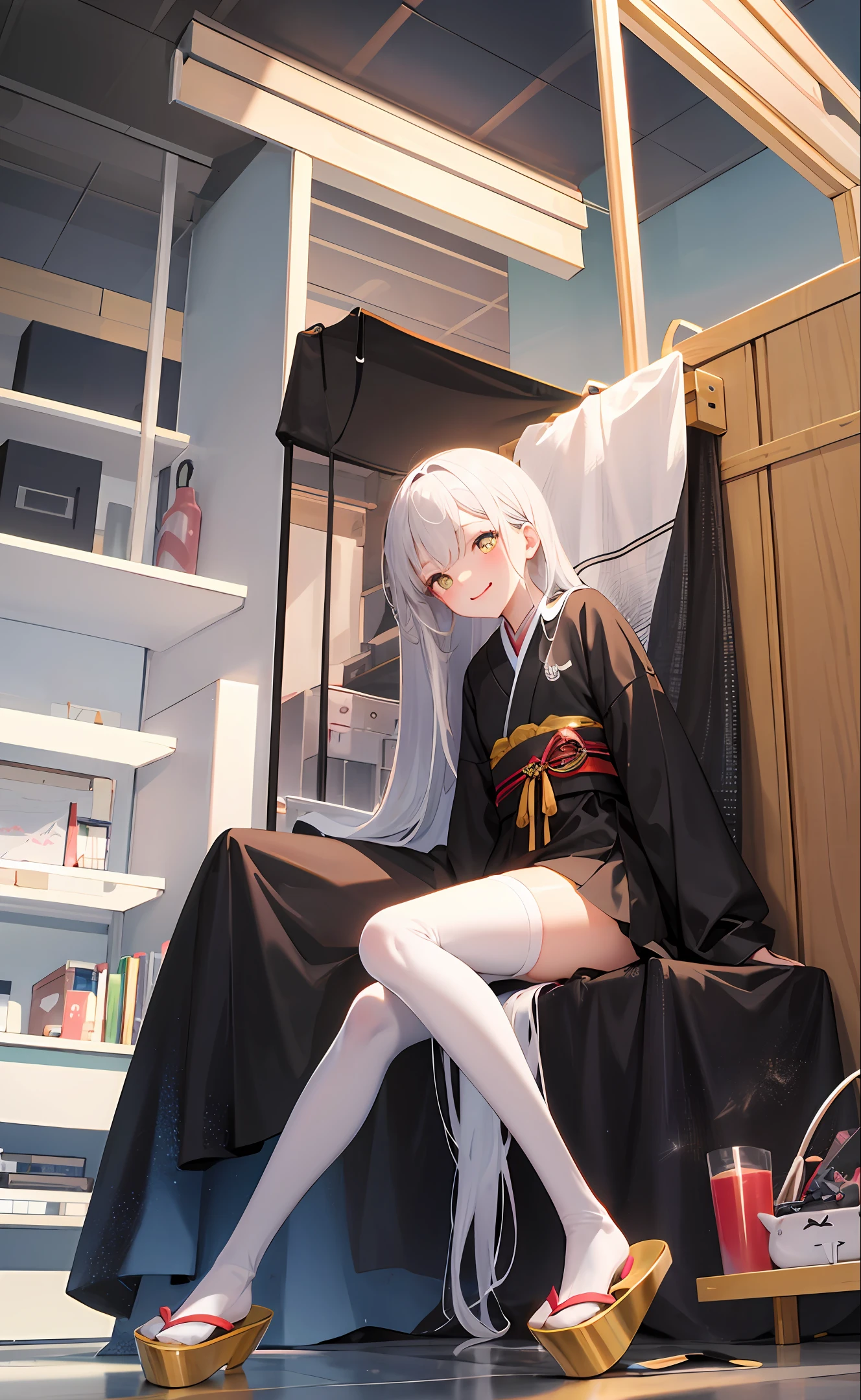 animemanga girl，sliver long hair，icey，swim wears，Golden pupils，Japanese-style architecture，full bodyesbian，white stockings，Long legs，leg loops，ssmile，White slippers，Small man's waist