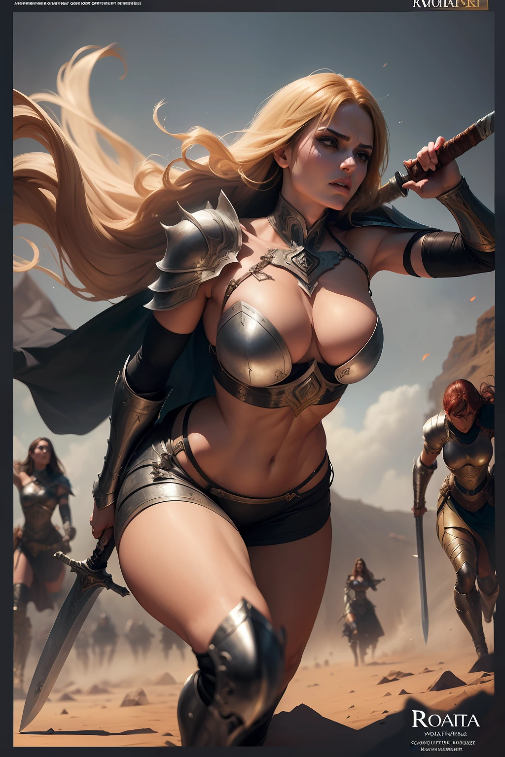 (a beautiful woman with a sword in attack position),(rosto simetrico: 1.5) Uma mulher loira ((corpo inteiro) : 1.5), ((Woman in position of attack):1.5), segurando uma espada, Por Kentaru Miura, Kentaru Miura manga style, realista, dynamic light, bem detalhado