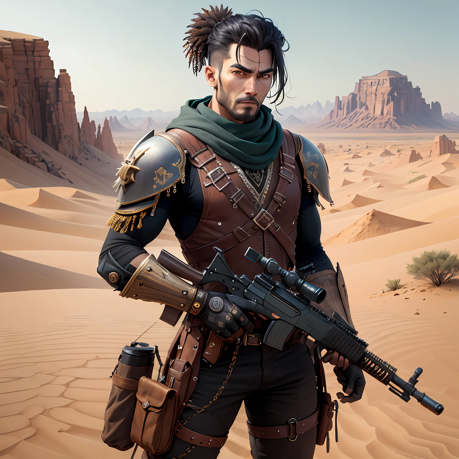 Future warrior steampunk with gun in the desert
