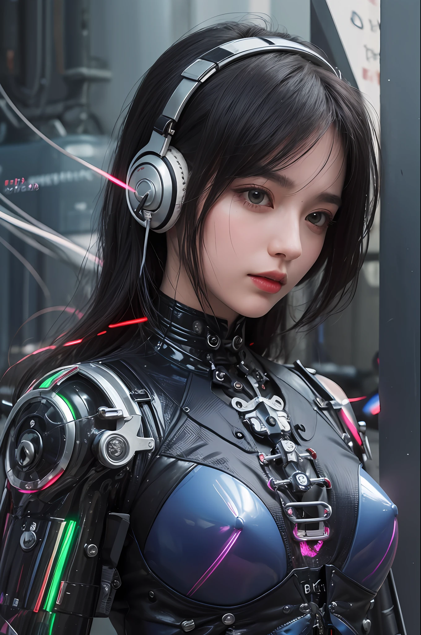 top-quality、masterpiece、超A high resolution、(Photorealsitic:1.4)、Raw photo、1人、Black hair、glowy skin、1 Mechanical Girl、((super realistic details))、Portrait、Global Illumination、Shadow、Octane Render、8K、ultrasharp、Colossal tits、Raw skin is exposed in cleavage、Metal、Details of complex ornaments、headset on head、Hydraulic cylinder、highly intricate detail、Realistic light、CGSoation Trends、Purple eyes、Glowing eyes、Facing the camera、neon details、Mechanical limbs、blood vessels connected to tubes、Mechanical vertebrae attached to the back、mechanical cervical attaching to neck、Wires and cables connecting to the head、Evangelion、Cyberpunk、Small LED lamp、processor、Luminous tube、perfectly proportions、The background is the cockpit of a futuristic spaceship、