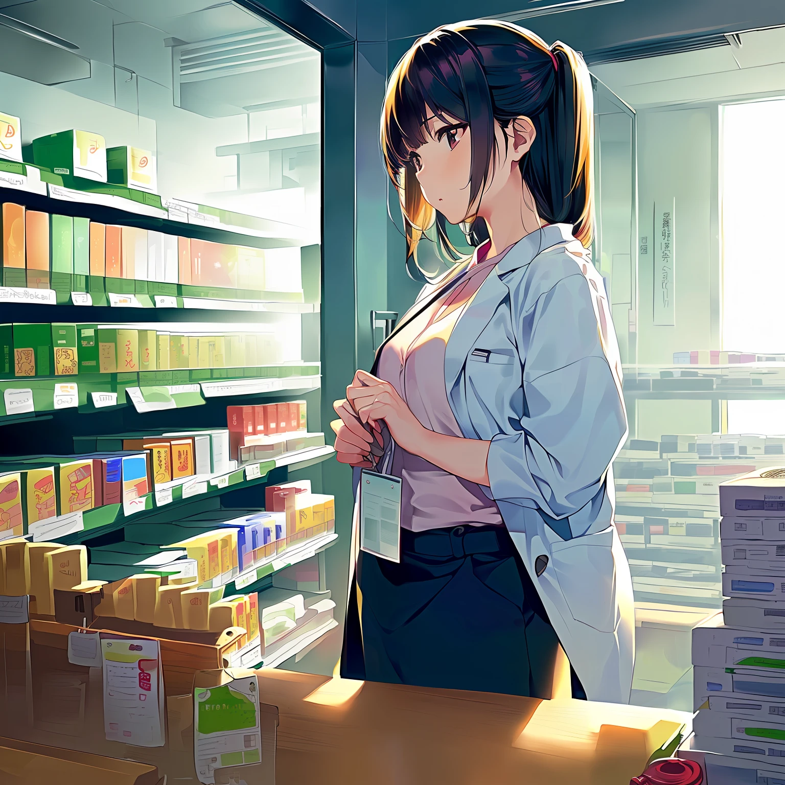 Generate an image of a Japanese female pharmacist in a dispensary, contemplating whether she should stay at her current job or consider switching careers --auto