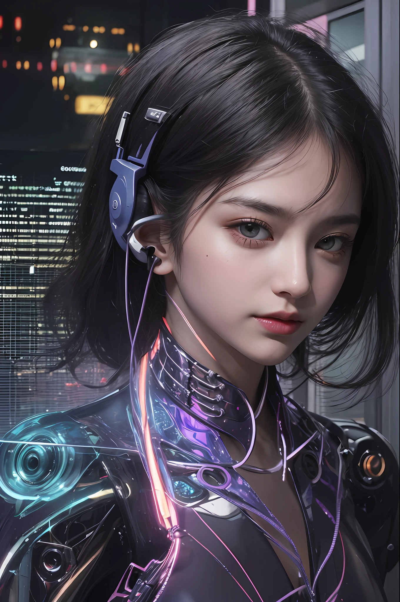 top-quality、masterpiece、超A high resolution、(Photorealsitic:1.4)、Raw photo、女の子1人、Black hair、glowy skin、1 Mechanical Girl、((super realistic details))、Portrait、Global Illumination、Shadow、Octane Render、8K、ultrasharp、Colossal tits、Raw skin is exposed in cleavage、Metal、Details of complex ornaments、headset on head、Hydraulic cylinder、highly intricate detail、Realistic light、CGSoation Trends、Purple eyes、Glowing eyes、Facing the camera、neon details、Mechanical limbs、blood vessels connected to tubes、Mechanical vertebrae attached to the back、mechanical cervical attaching to neck、Wires and cables connecting to the head、Evangelion、Cyberpunk、Small LED lamp、processor、Luminous tube、perfectly proportions、The background is the cockpit of a futuristic spaceship、