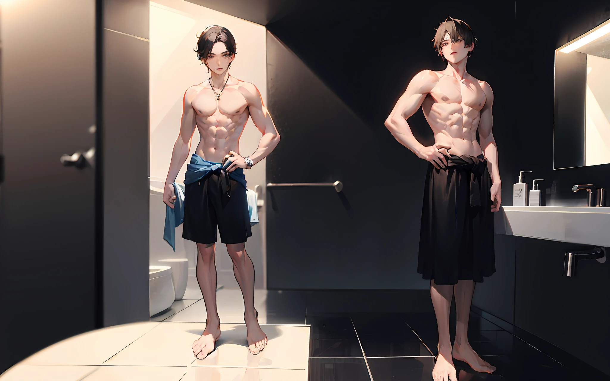 (absurderes,A high resolution,ultra - detailed),tmasterpiece,18yo boy with a towel around his waist,独奏,handsome,short detailed hair,with brown eye,Fine Eye,详细的脸,(forehead),Naked erection,浴室,Dim bathroom background,full-body view