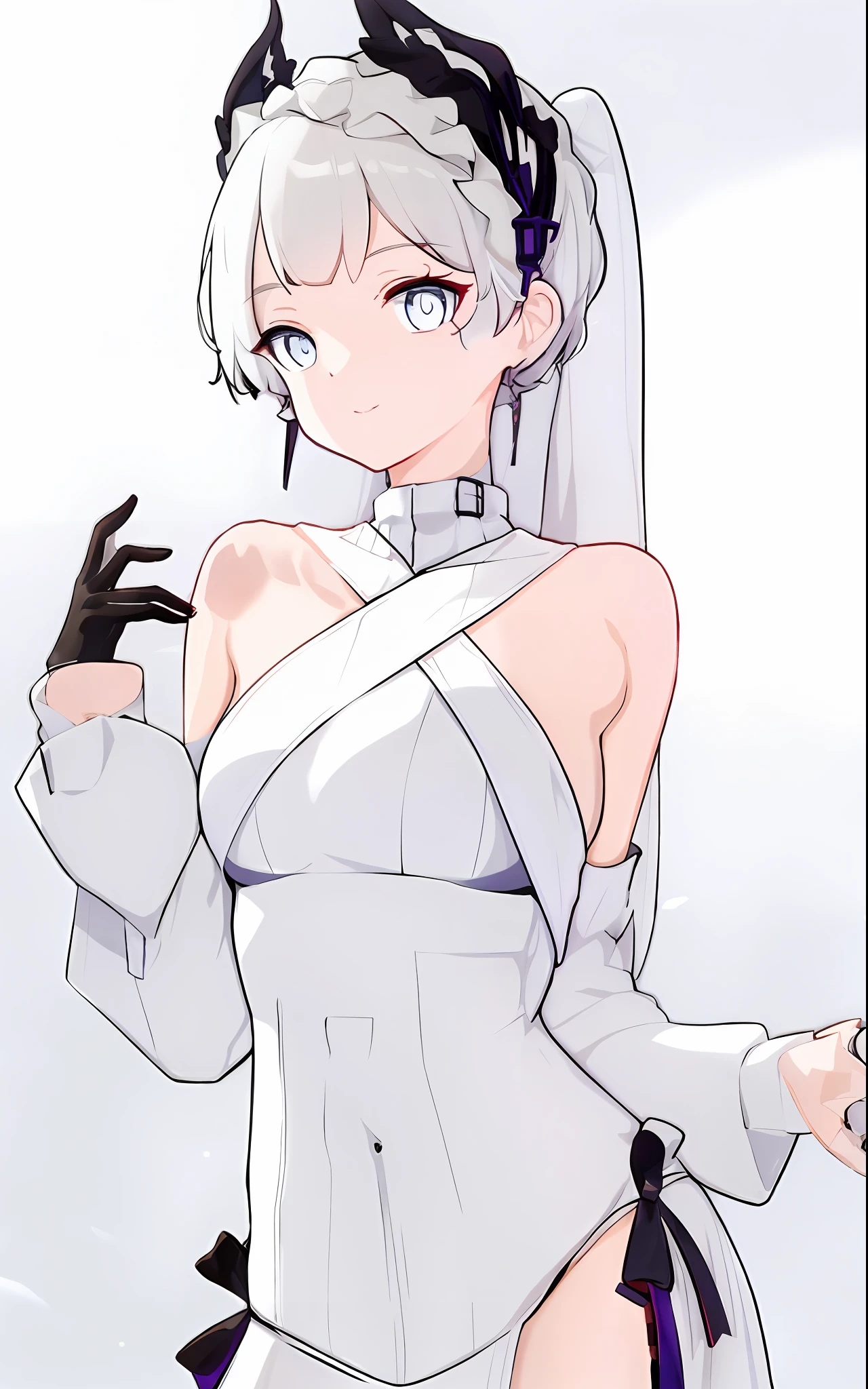 Anime girl pose，White hair and black gloves, from girls frontline, seductive anime girls, Rem Rezero, Guviz, 2b, wearing white clothes, 2 b, Fine details. Girl front, Shiny white skin, Best Rated on pixiv, White Cat Girl, Translucent white skin, nun, loli in dress, azur lane style