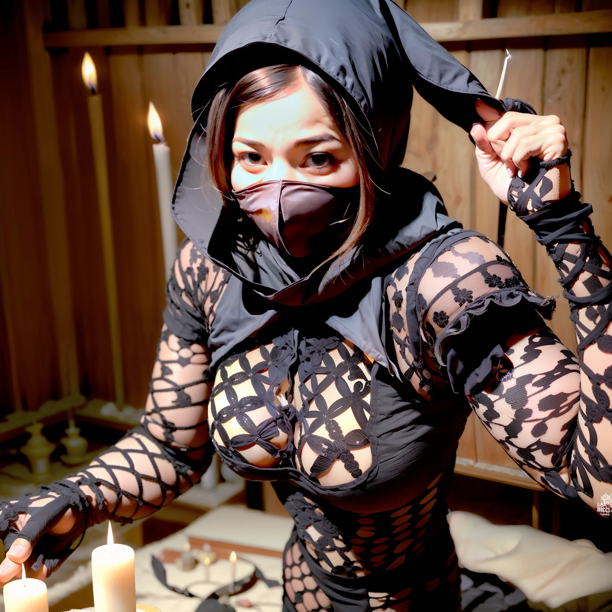 top-quality, masutepiece, 36K, very high res, hyper realistic photography, (((a dark night, Illuminated by candles in a messy room))), Edo era, in Japan), ((1girl in)), perfect human shape, (outfit: Ninja sheer and torn armor, Japanese Ninja black costume, Kunoichi_Japanese female Spy, sexy thief, Ninja black mask, ninja hood, holding weapon), Portrait, hyperdetailed face, ultra realistic textures, (fight standby pose, in the messy and shabby abandoned Japanese style castle), ((view full body and entire room)), Super-sized spilling out of armor, Exposed supermassive cleavage from armor,