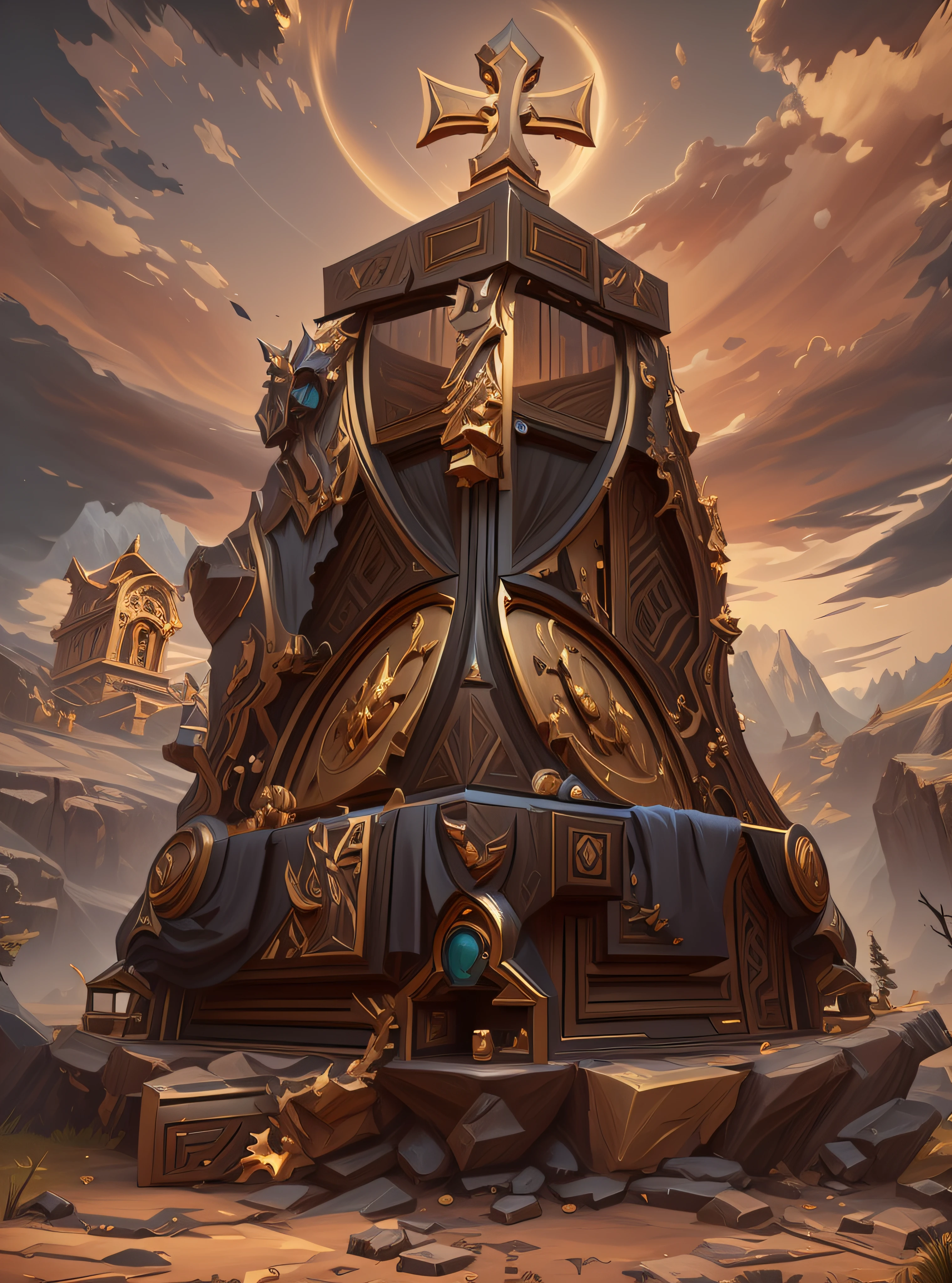 There is a large clock tower with a golden clock on top, valve promotional splash art, 8 K HD WallpaperArtefato jpeg, 8k hd wallpaperjpeg artefato, Arte conceitual da Riot Games, Splash Art Oficial, Fundo da arena de pedra de Odin, arte de splash do mundo de warcraft, tela de carregamento", Arte oficial de Hearthstone, arte de salpicos de pedra de fogo, Lendas de Runeterra