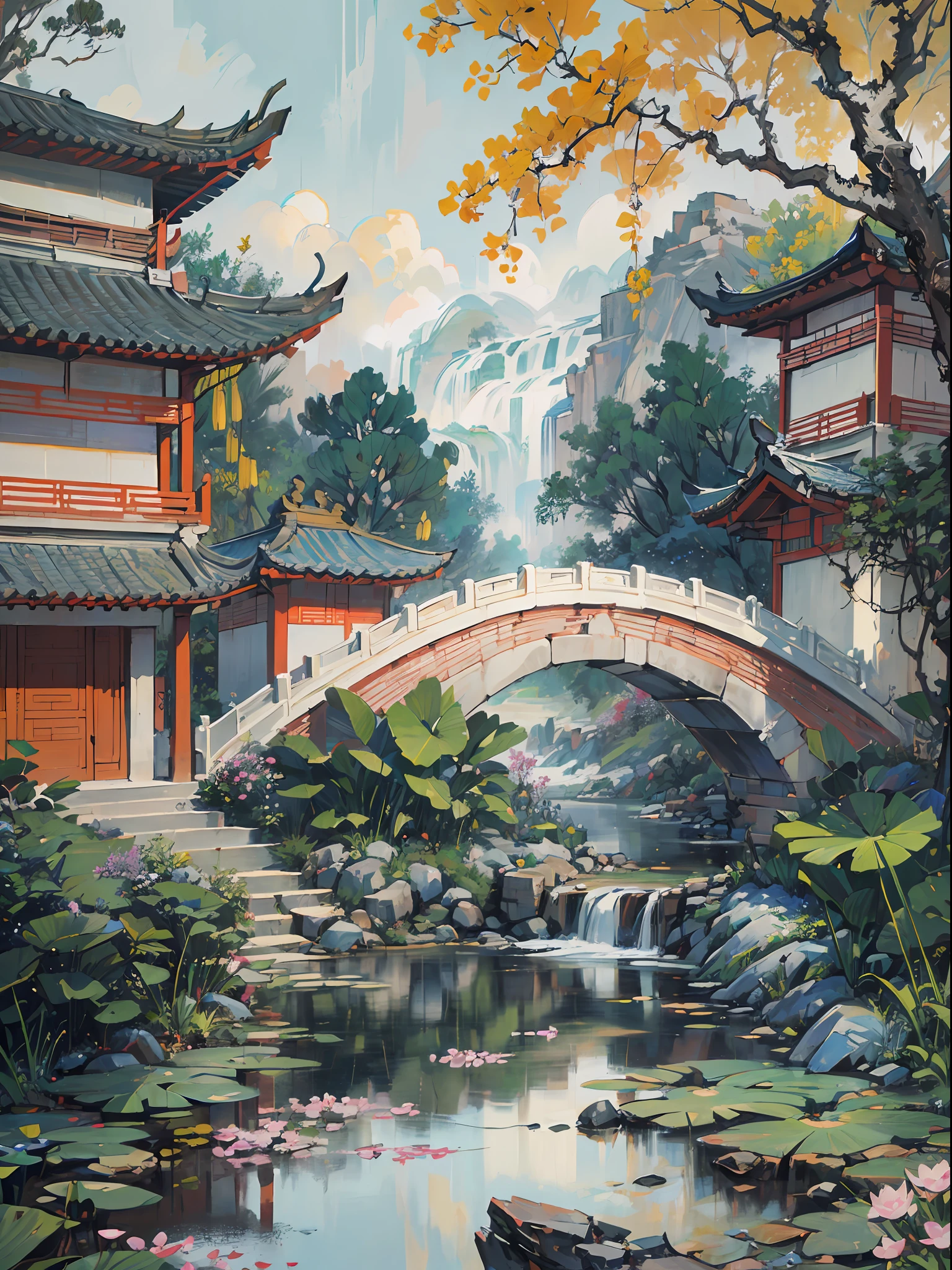 ((Best quality, masterpiece: 1.2)), CG, 8K, intricate details, cinematic perspective, (no one around), (Ancient Chinese garden), pond filled with lotus flowers, rocks, flowers, bamboo forests, waterfalls, wooded areas, small bridges spanning babbling streams, detailed foliage and flowers, (sunlight shining, sparkling waves), peaceful and serene atmosphere, ((soft and elegant colors)), ((exquisitely crafted composition))