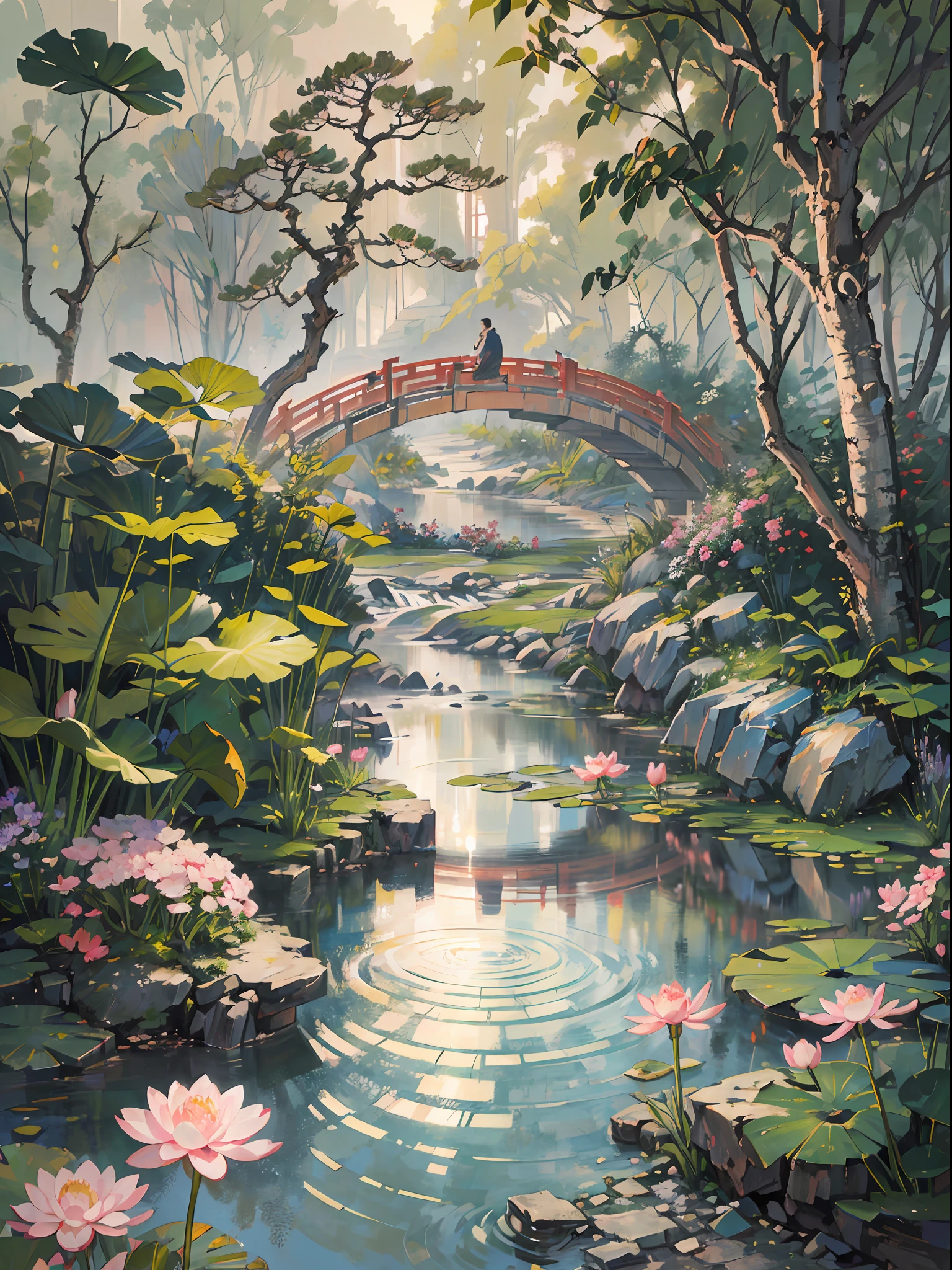 ((Best quality, masterpiece: 1.2)), CG, 8K, intricate details, cinematic perspective, (no one around), (Ancient Chinese garden), pond filled with lotus flowers, rocks, flowers, bamboo forests, waterfalls, wooded areas, small bridges spanning babbling streams, detailed foliage and flowers, (sunlight shining, sparkling waves), peaceful and serene atmosphere, ((soft and elegant colors)), ((exquisitely crafted composition))