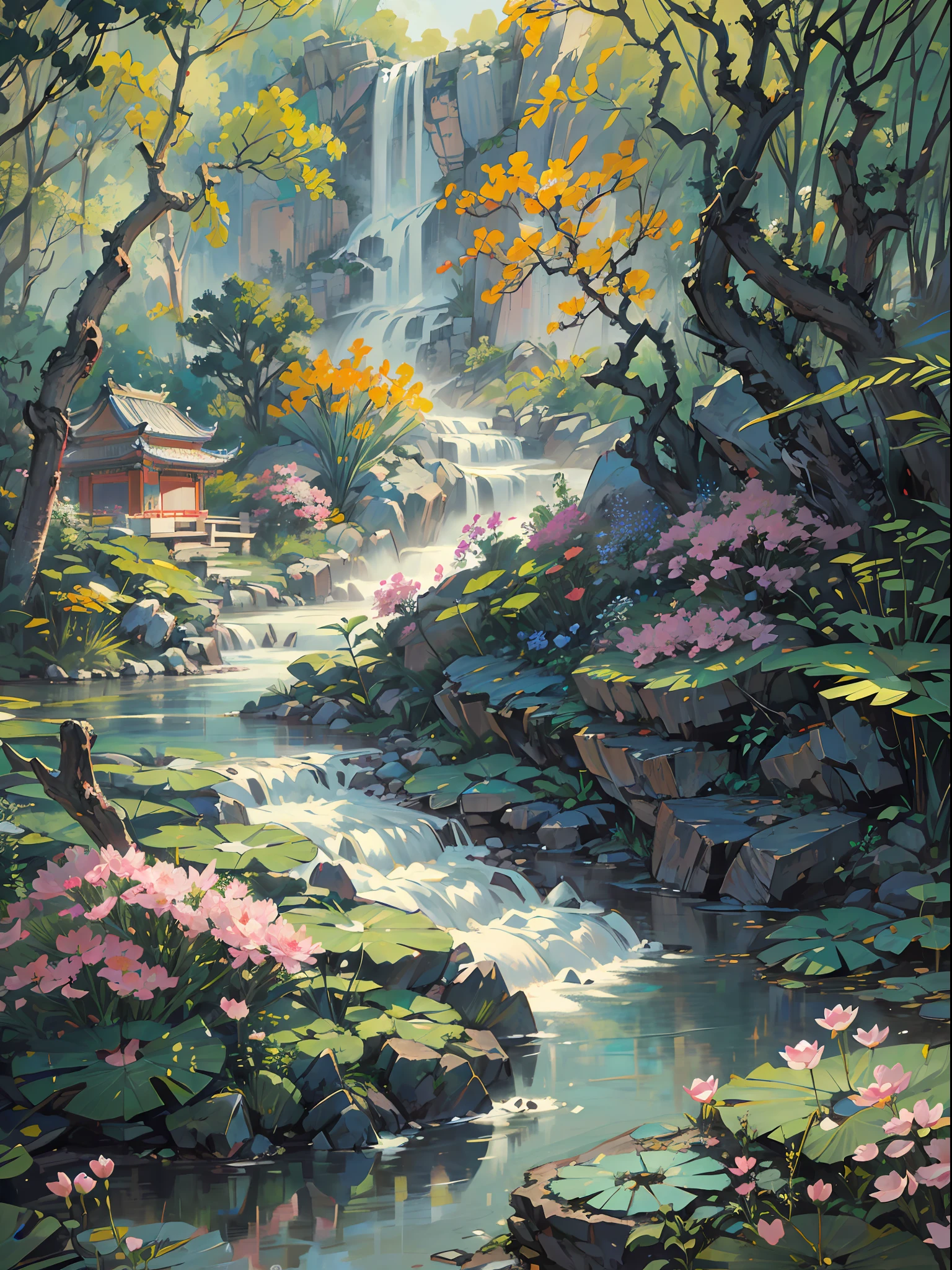 ((Best quality, masterpiece: 1.2)), CG, 8K, intricate details, cinematic perspective, (no one around), (Ancient Chinese garden), pond filled with lotus flowers, rocks, flowers, bamboo forests, waterfalls, wooded areas, small bridges spanning babbling streams, detailed foliage and flowers, (sunlight shining, sparkling waves), peaceful and serene atmosphere, ((soft and elegant colors)), ((exquisitely crafted composition))