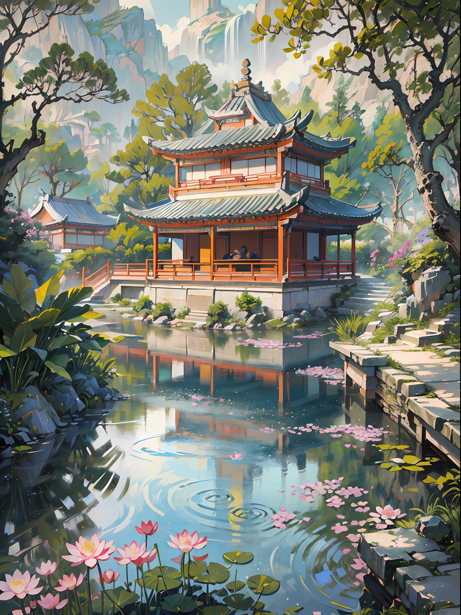 ((Best quality, masterpiece: 1.2)), CG, 8K, intricate details, cinematic perspective, (no one around), (Ancient Chinese garden), pond filled with lotus flowers, rocks, flowers, bamboo forests, waterfalls, wooded areas, small bridges spanning babbling streams, detailed foliage and flowers, (sunlight shining, sparkling waves), peaceful and serene atmosphere, ((soft and elegant colors)), ((exquisitely crafted composition))