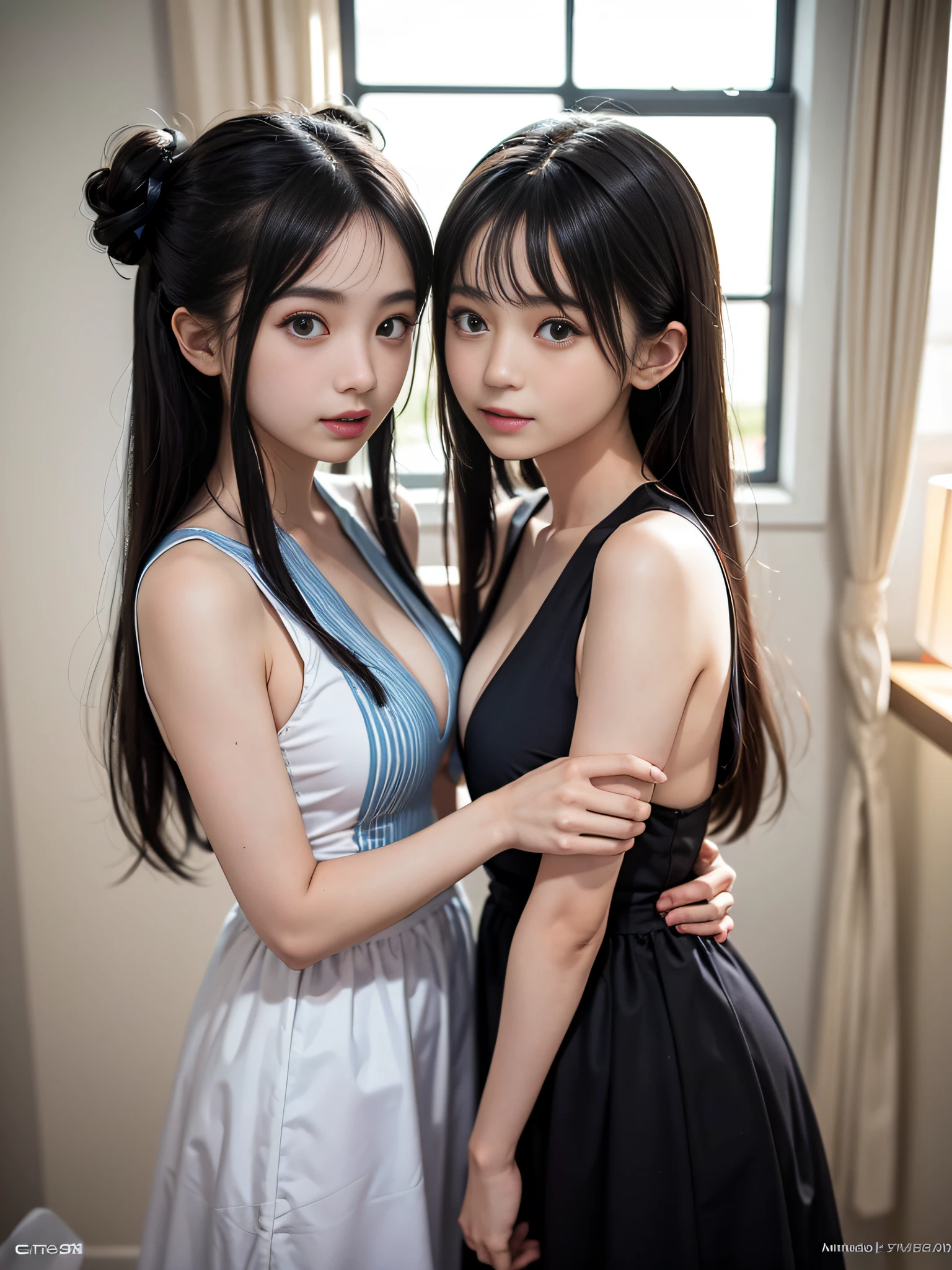 Two Asian women in black and white clothes posing for a photo, kantai collection style, trending at cgstation, garotas de anime, realistic young gravure idol, Estilo Anime Ecchi, Perfect Android girl family, Trend in CGTacing:, Anime cosplay, Pescador, Estilo Ecchi, Cosplay, Anime Garota Cosplay, Estilo de pista Azur, detalhes finos. meninas da linha de frente, mamilos duros, perfect hands