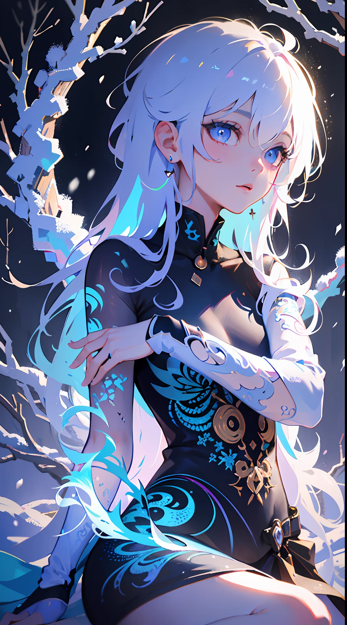 absurds,High res,ultra Detailed,official arts,统一 8k 壁纸,ultra Detailed,Beauty and aesthetics,master masterpiece,best best quality,(zentangle,Ice and snow,Tangles,Entanglement),(s fractal art:1.3),PhotoRealistic,(master masterpiece,top quality,best best quality,official arts,Beauty and aesthetics:1.2),Very Detail,s fractal art,variegated,most details,zentangle,(Abstract Background:1.5)(1boy:1.3),Kamimei,(Glowing blue eyes),Enigmatic,(MAGIC),((Sit on a tree)),Ice and snow