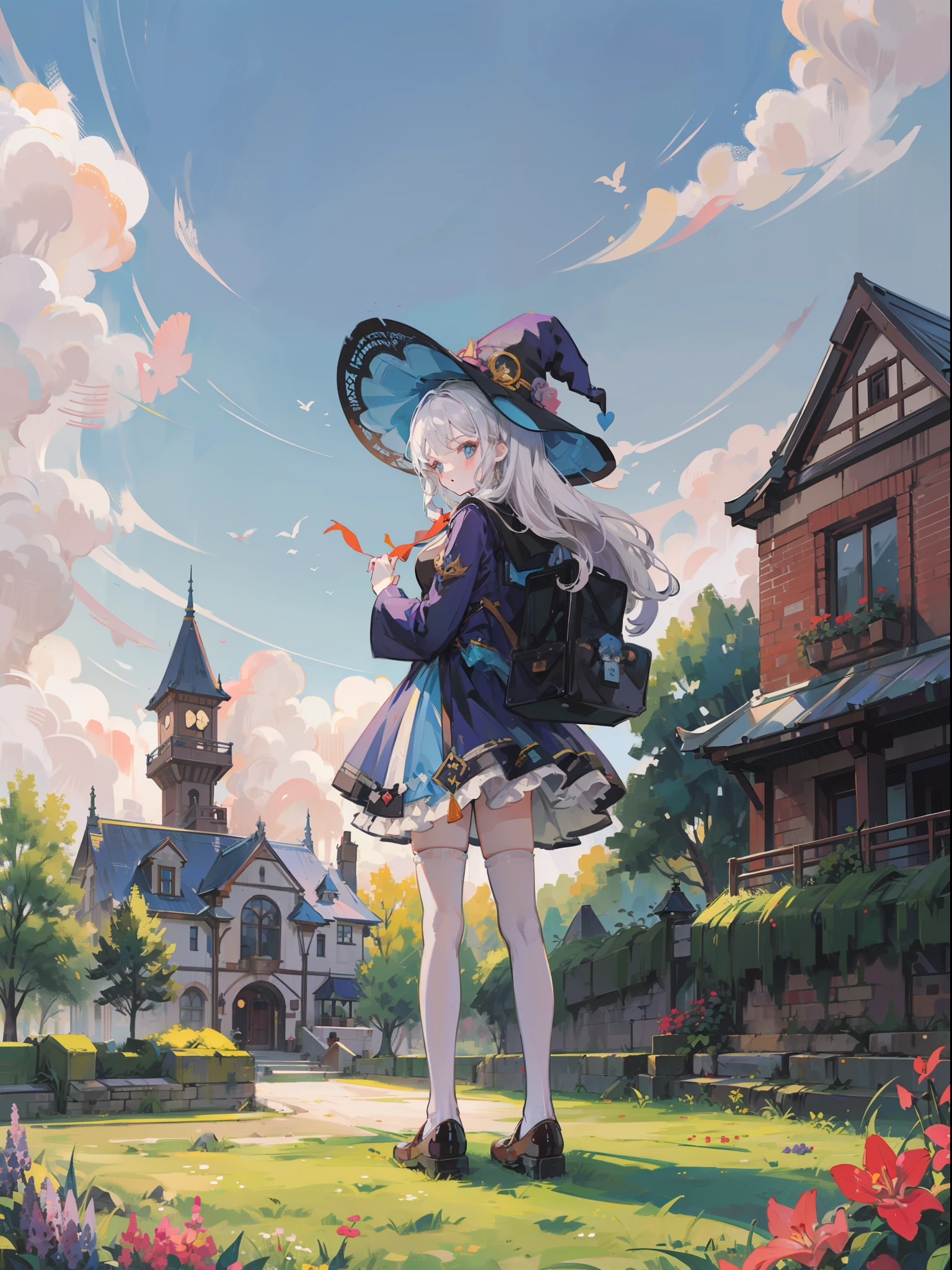 Witch's school garden with a high tower。A wizard girl about 18 years old is looking back。(up of face)。I have a spellbook in my hand。composition seen from below。Lilac wavy hair。Witch dress with beautiful ruffles and decorations。Fluffy panniers in the skirt。Big witch's hat。overknee socks。Blue sky。A brick road leads to a magical brick school building。Near and far law。Dynamic composition with depth。Extremely high quality、high-level image quality、Extremely delicate drawing。Rarely seen workmanship