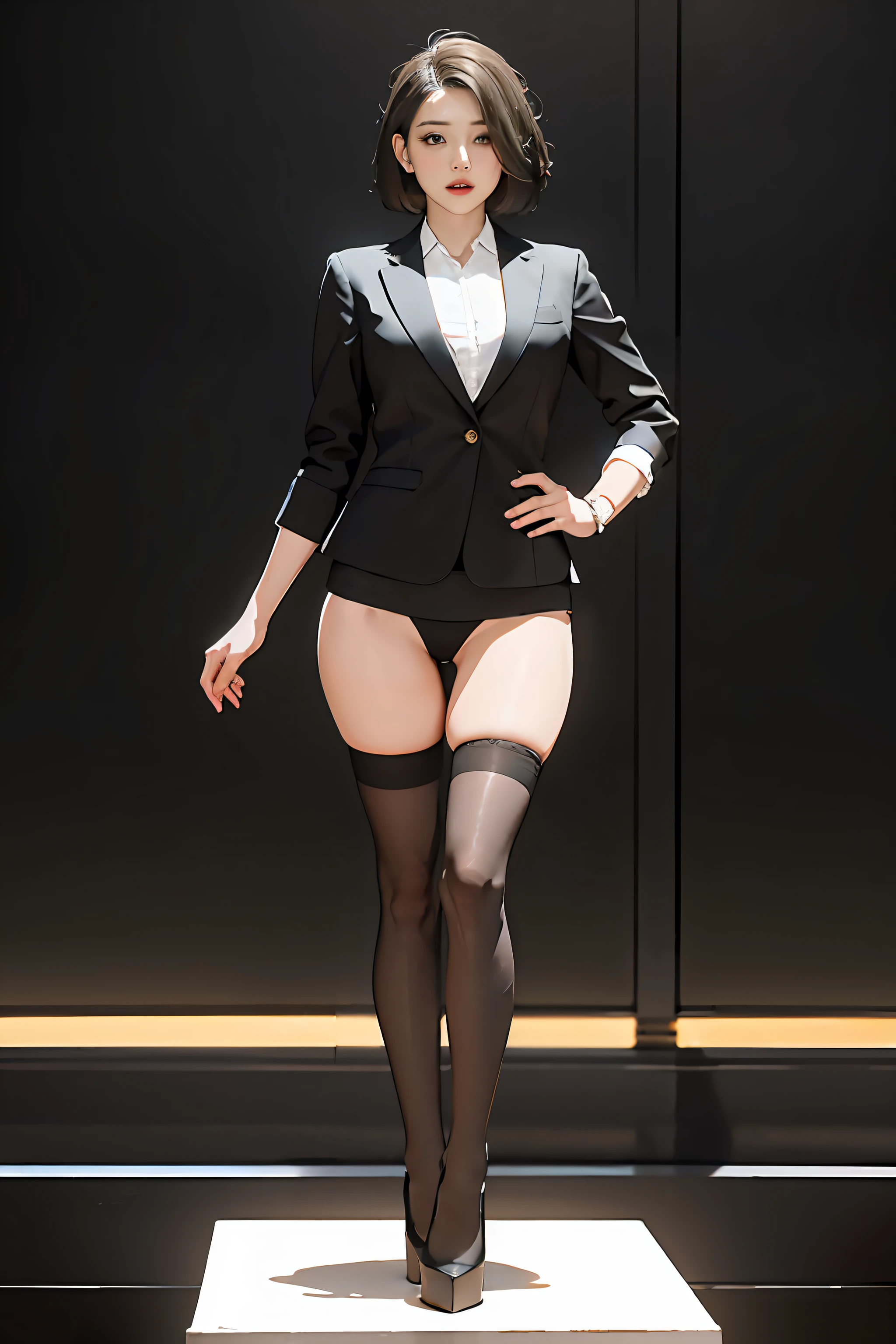 Polaroid black-toned low-profile film，tmasterpiece，best qualityer，office  lady，high-heels，solid color backdrop，black lence stockings，Business suit，Professional Dress，short detailed hair，Plump body，Raised sexy，Golden ratio figure，Stand up,leotard skirt
