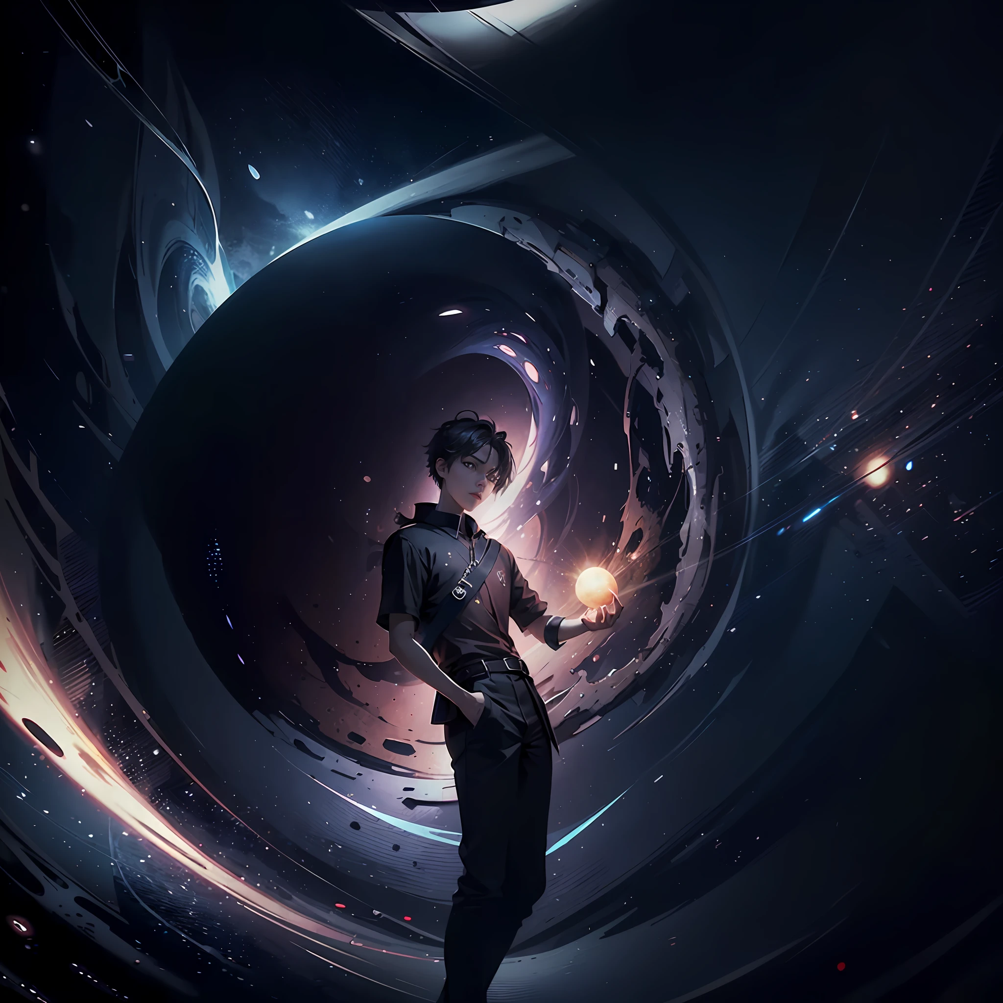 A handsome teenager raises the black hole with his left hand and sees it。Side Body。