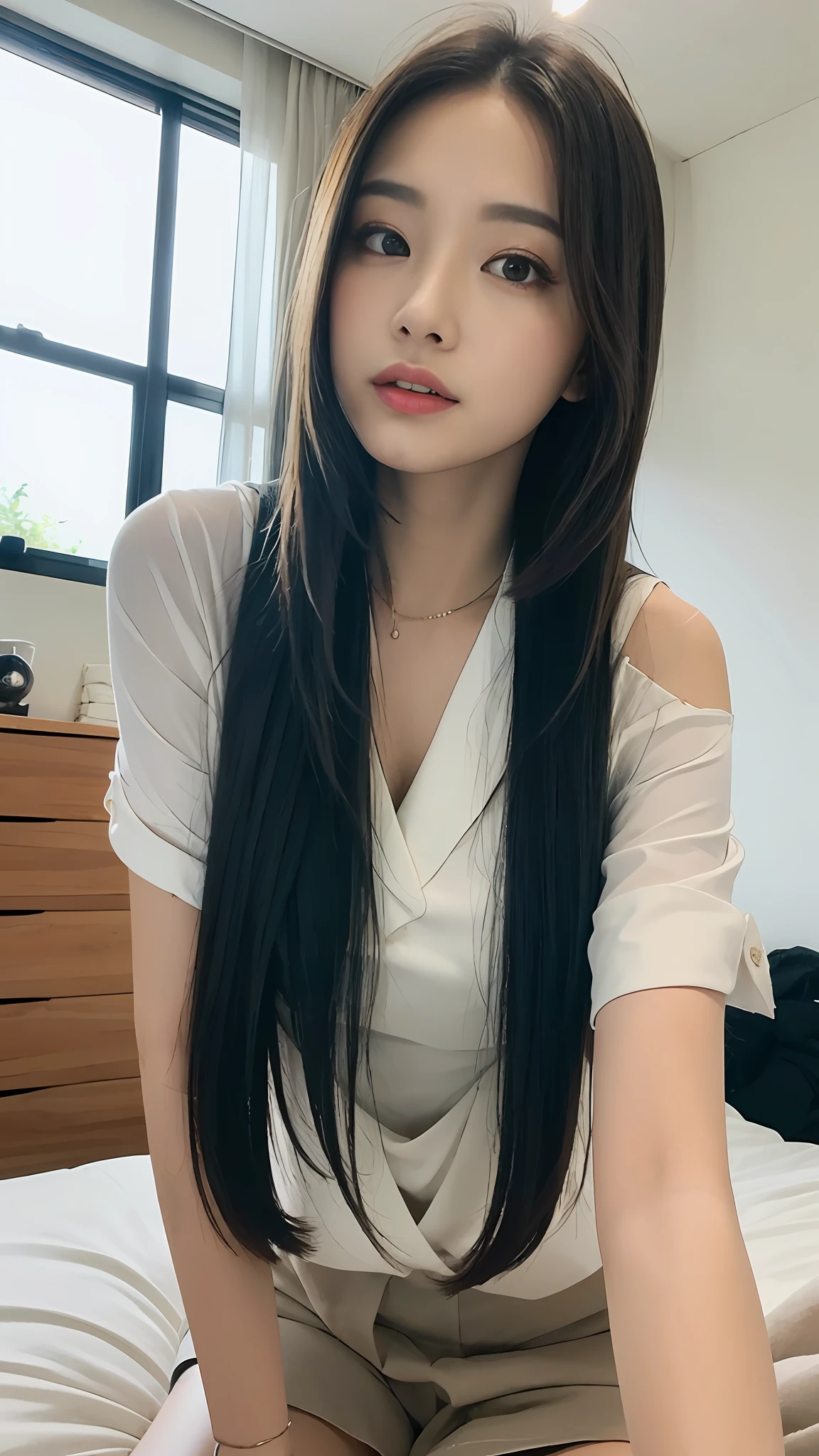 ((Best Quality, 8K, Masterpiece:1.3)), A beautiful girl, pure, melon face, gentle and cute, thin figure, (frontal), (tilted head), looking directly at the camera, uniform, obi, formal, black silky long straight hair, long hair flowing over the shoulders, round black big eyes, clear big eyes, moist red lips, sweet, sitting on the bed, sunlight, window background,