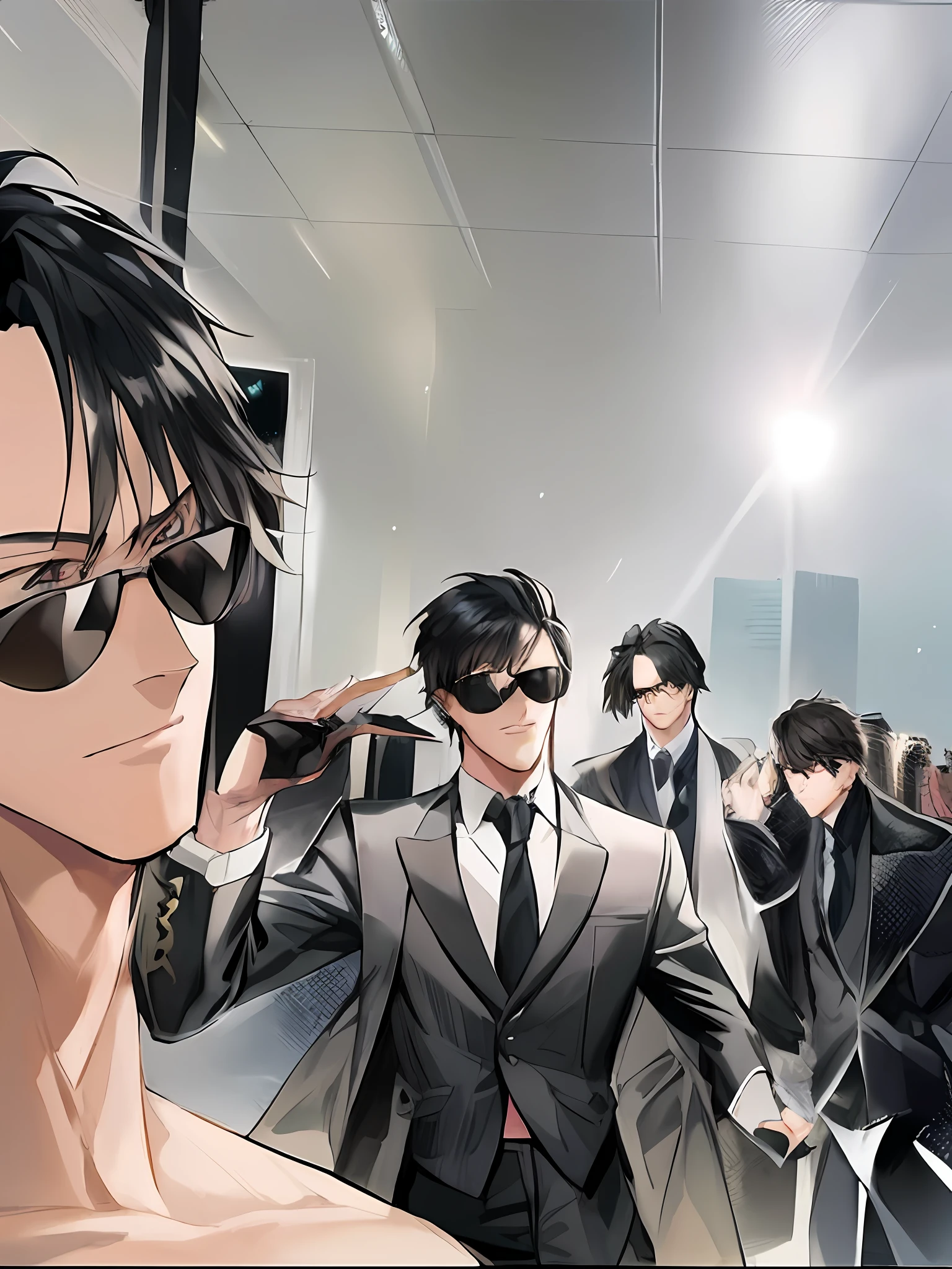 anime image of a man in a suit and sunglasses with other men, manhwa, by Yang J, official fanart, anime key visual of elegant, high quality fanart, zerochan art, zerochan, handsome anime pose, official illustration, stylish pose, by Ni Yuanlu, kentaro miura manga art style, anime handsome man, style of madhouse studio anime