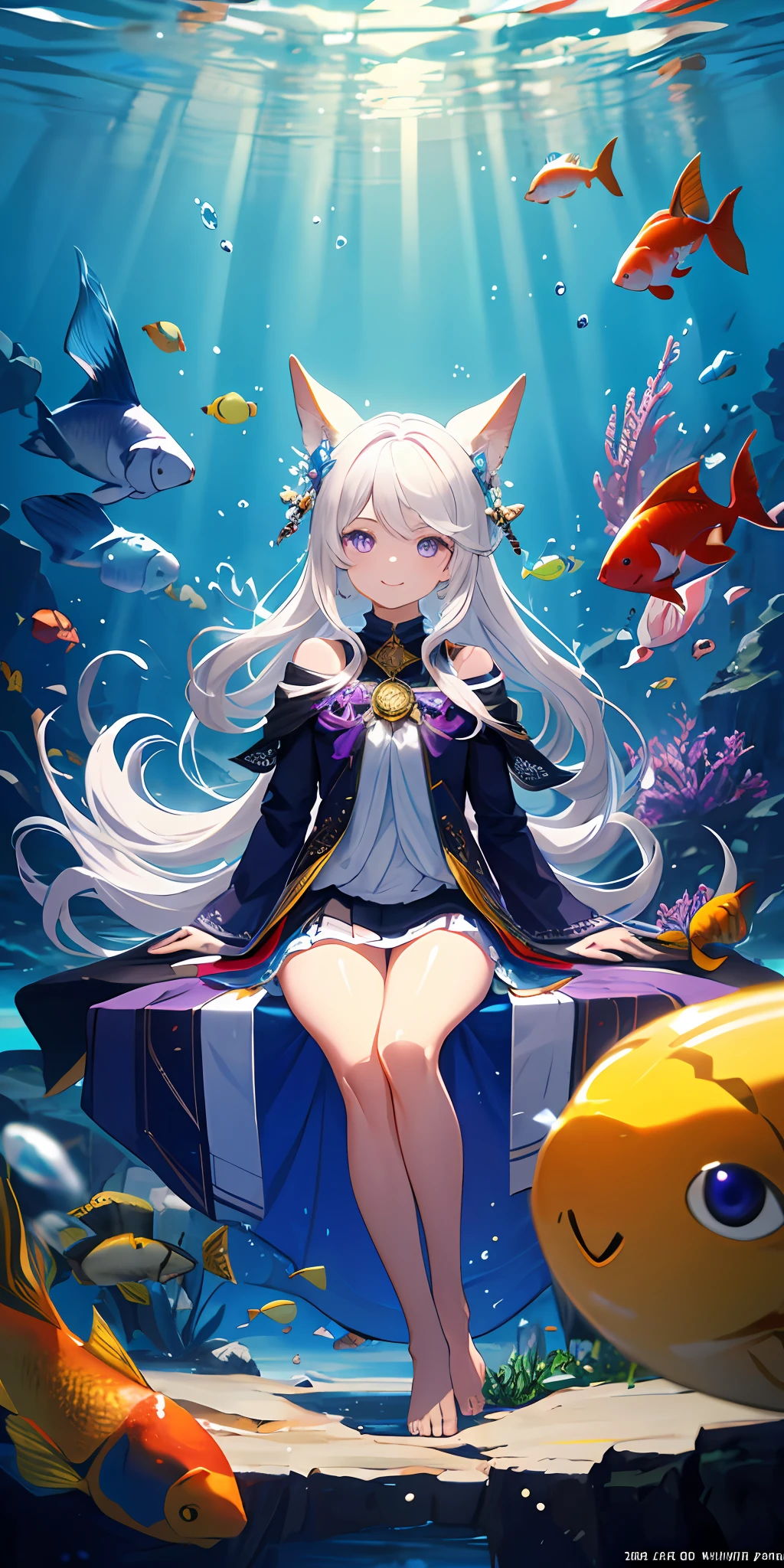 [(Transparent background:1.5)::5],(((Masterpiece))),(((Best quality))),(((Extremely detailed))),illustration, 1girll,Solo,mysterious,vivd colour,Shiny, Underwater transparent sealed hemispherical glass dome, (White hair),(Purple eyes), full body,Barefoot,Long hair tranquility nature, Koi,Underwater, Dome,Close up,Dynamic actions,Lens perspective,(((Box composition))),sitting cross-legged，Leaning against the bookshelf, voluminetric lighting, multi colored eyes, Detailed eyes, ultra - detailed,Light smile, Highly detailed, Beautiful, small detailed, Ultra detailed, Best quality, Intricate, 4K, 8K, trending on artstationh, Good anatomy, Beautiful lighting, Award-winning,Barefoot，The short skirt reveals white panties，There is white slime on the panties