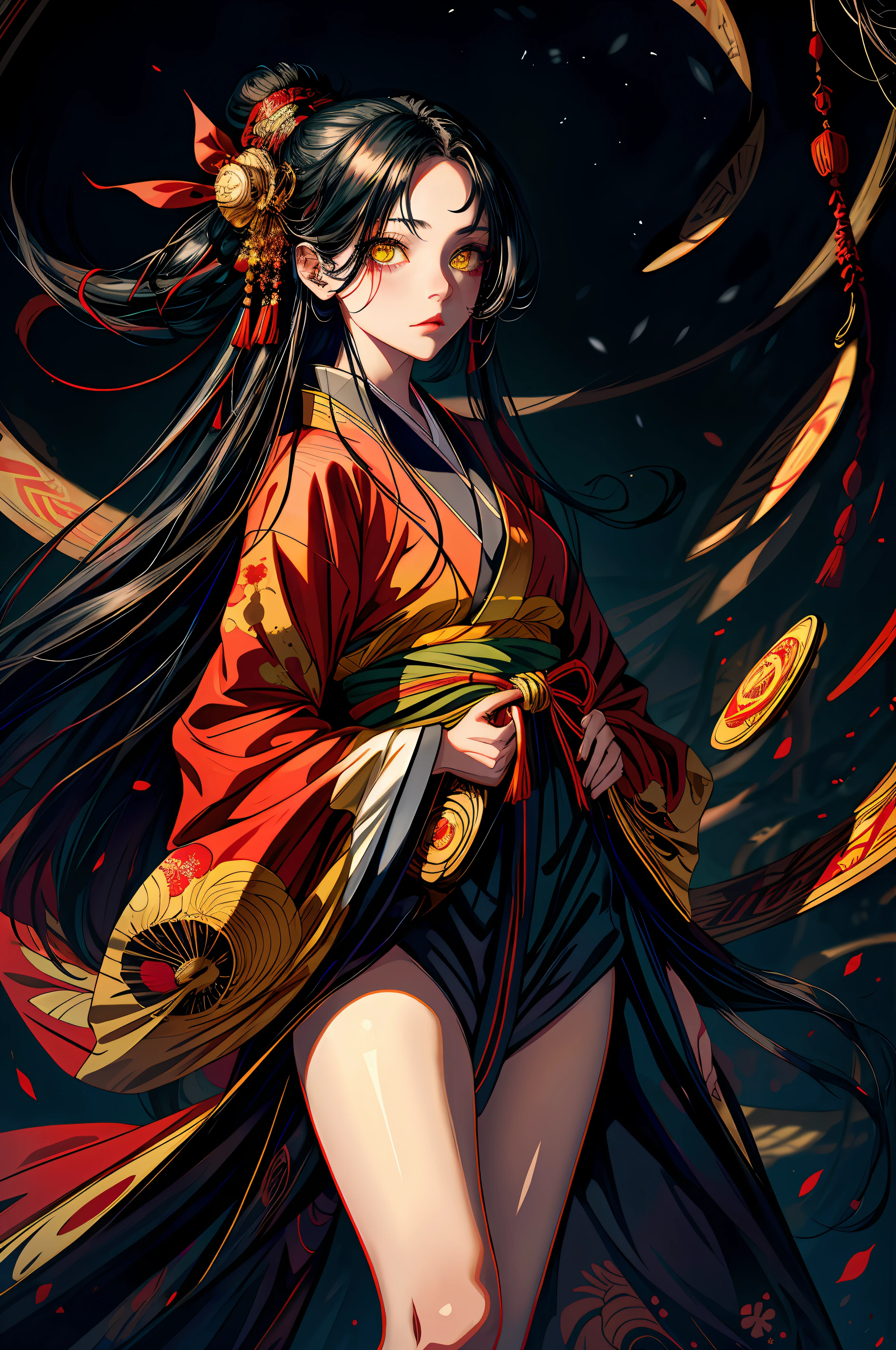 masterpiece, best quality, ultra-detailed, absurdres, 1girl, yellow eyes, black hair, long hair, floating hair, detailed eyes, wide-eyed, eyelashes, looking at viewer, torii, red theme, kimono, walking, particles
