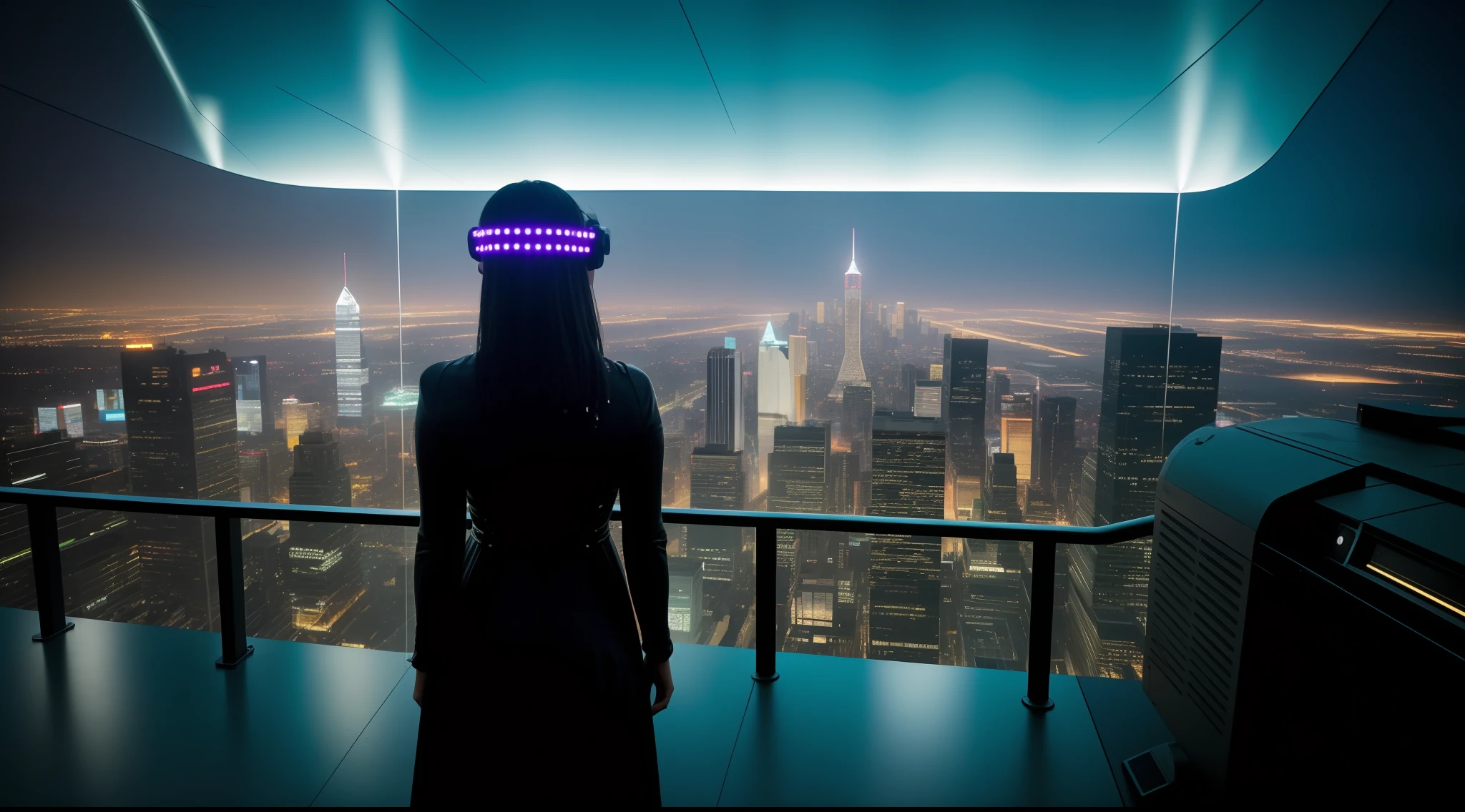 Uma mulher deslumbrante, com cabelos coloridos e estilizados, usa um elegante vestido futurista que se ilumina com linhas de LED em tons vibrantes. She's standing atop a skyscraper, with a panoramic view of a bright city in the background. As the rain falls, Water drops slide down the woman's cybernetic skin, brilhando com reflexos de luz neon. Your eyes are equipped with augmented reality lenses, displaying digital information floating in the air. Ao seu redor, drones flutuam, capturing images and projecting ever-changing holograms, creating an aura of mystery and sophistication, Cyberpunk aesthetics, foco nítido, Studio photo, detalhes intrincados, altamente detalhado, profundidade de campo, foco nítido, High detail, textura de pele realista, Realistic, fotorrealista, Arte Digital, tinta escura, Directed by: Greg Rutkowski