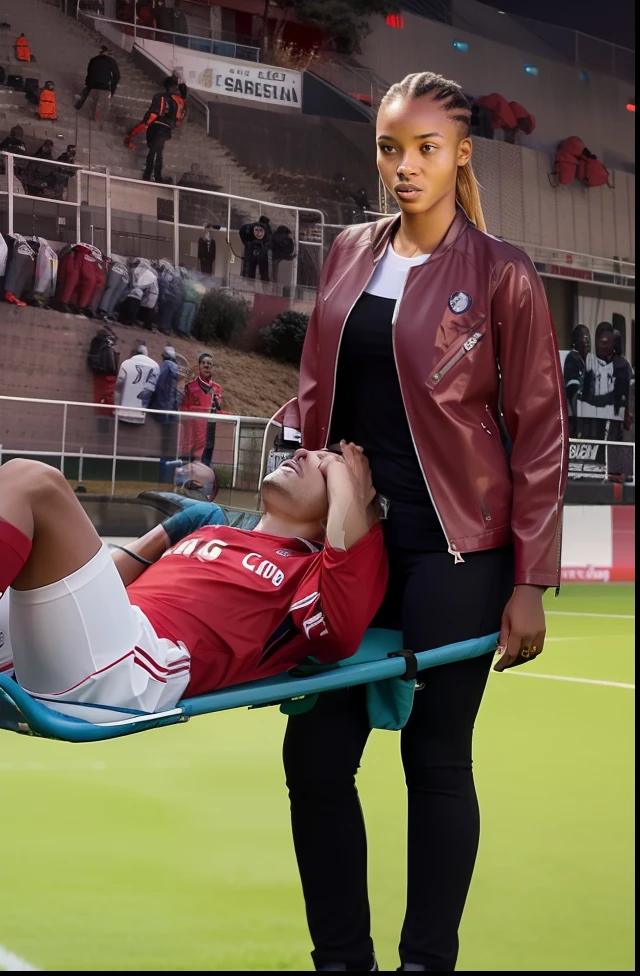 soccer, sports injury, theatralic erotic action, intense eritoc scene, erotic pose, a love scene, passionate loving action, erotic, an injured soccer-boy in matte cotton sportswear is rearing up in pain on a stretcher, an injured soccer-boy in matte cotton sportswear is rearing up in pain on a stretcher that is carried by his looking girlfriend, there is an attractive and laszive girl in a deep black high-shine biker-jacket, a terrified but attractive girl is evacuating her injured soccer-boyfriend from a soccer field, an injured soccer-boy in matte cotton sportswear is rearing up in pain on a stretcher while he is evacuated from the field of play by his very attractive girlfriend, an injured soccer-boy is crying in pain, an attractive girl in a wet deep black shiny plastic-jacket is giving first aid, dramatic action scene, first aid, injury, pain, agony, helping woman, woman carrying a man, an attractive african girl in a black shiny biker- jacket, an attractive african girl in a wetlook shiny patent-leather-biker-jacket with lipstick and madeup smokey eyes, a consciousless german boy in a cotton shirt and a matte jeans, an attractive african girl with lots of makeup in a very shiny wet black biker-jacket, an attractive african girl is wearing a shiny bikerjacket, an attractive african girl with smokey eyes, an attractive madeup girl in shiny leather with lipstick, an attractiveafrican girl is carrying a german boy in her arms, a matte clothed injured boy, a shorthaired boy with cotton t-shirt, a shorthaired boy needs to be carried while wearing matte sportswear