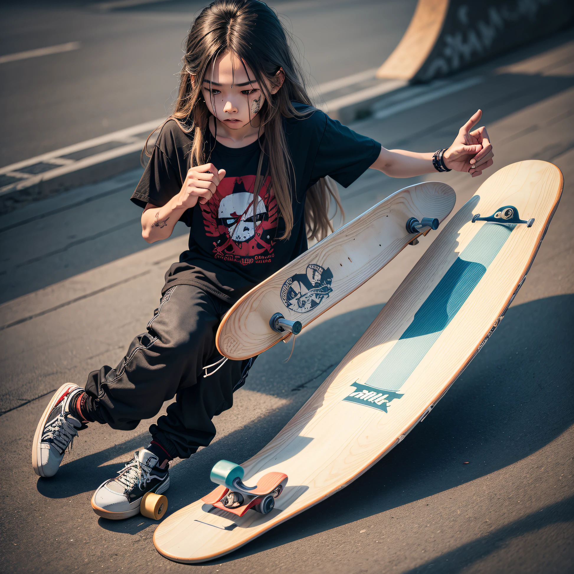 skateboard, juvenile, abrasion, wound, injury, hand skateboard, medium long hair --auto