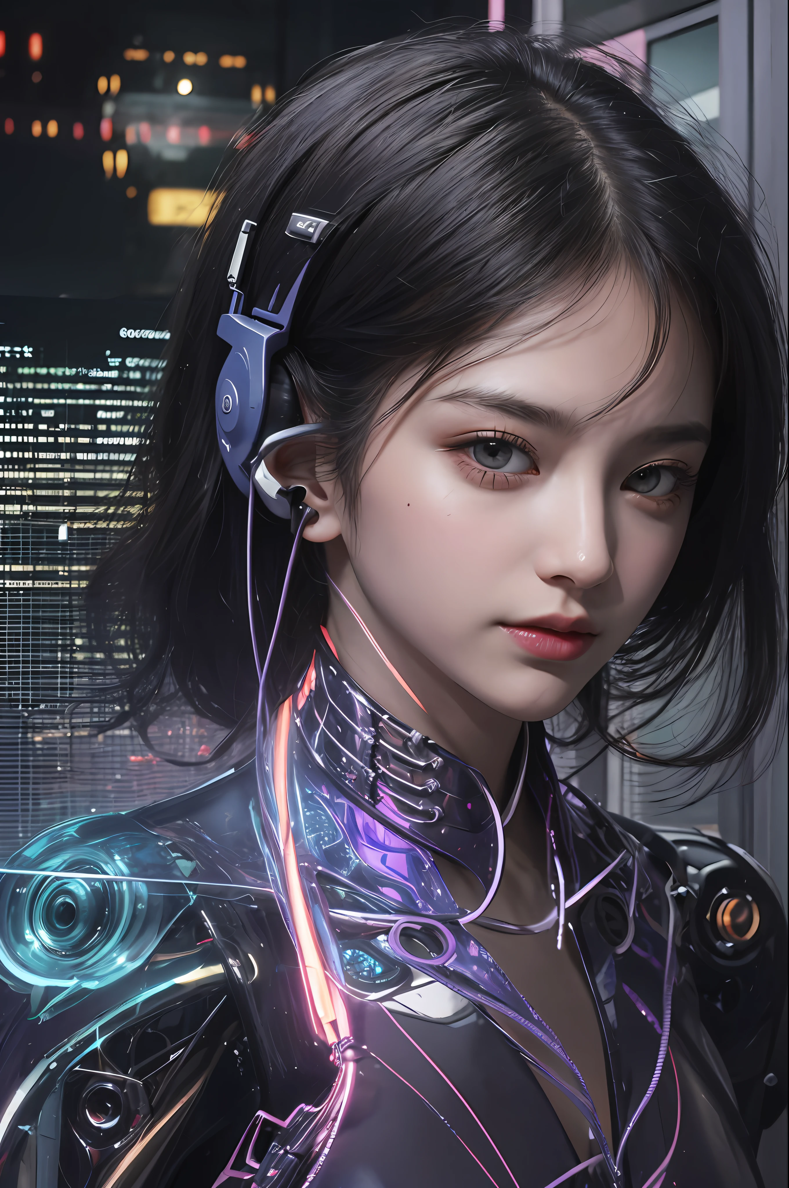 top-quality、​masterpiece、超A high resolution、(Photorealsitic:1.4)、Raw photo、女の子1人、Black hair、glowy skin、1 Mechanical Girl、((super realistic details))、Portrait、Global Illumination、Shadow、Octane Render、8K、ultrasharp、Colossal tits、Raw skin is exposed in cleavage、Metal、Details of complex ornaments、headset on head、Hydraulic cylinder、highly intricate detail、Realistic light、CGSoation Trends、Purple eyes、Glowing eyes、Facing the camera、neon details、Mechanical limbs、blood vessels connected to tubes、Mechanical vertebrae attached to the back、mechanical cervical attaching to neck、Wires and cables connecting to the head、Evangelion、Cyberpunk、Small LED lamp、processor、Luminous tube、perfectly proportions、The background is the cockpit of a futuristic spaceship、