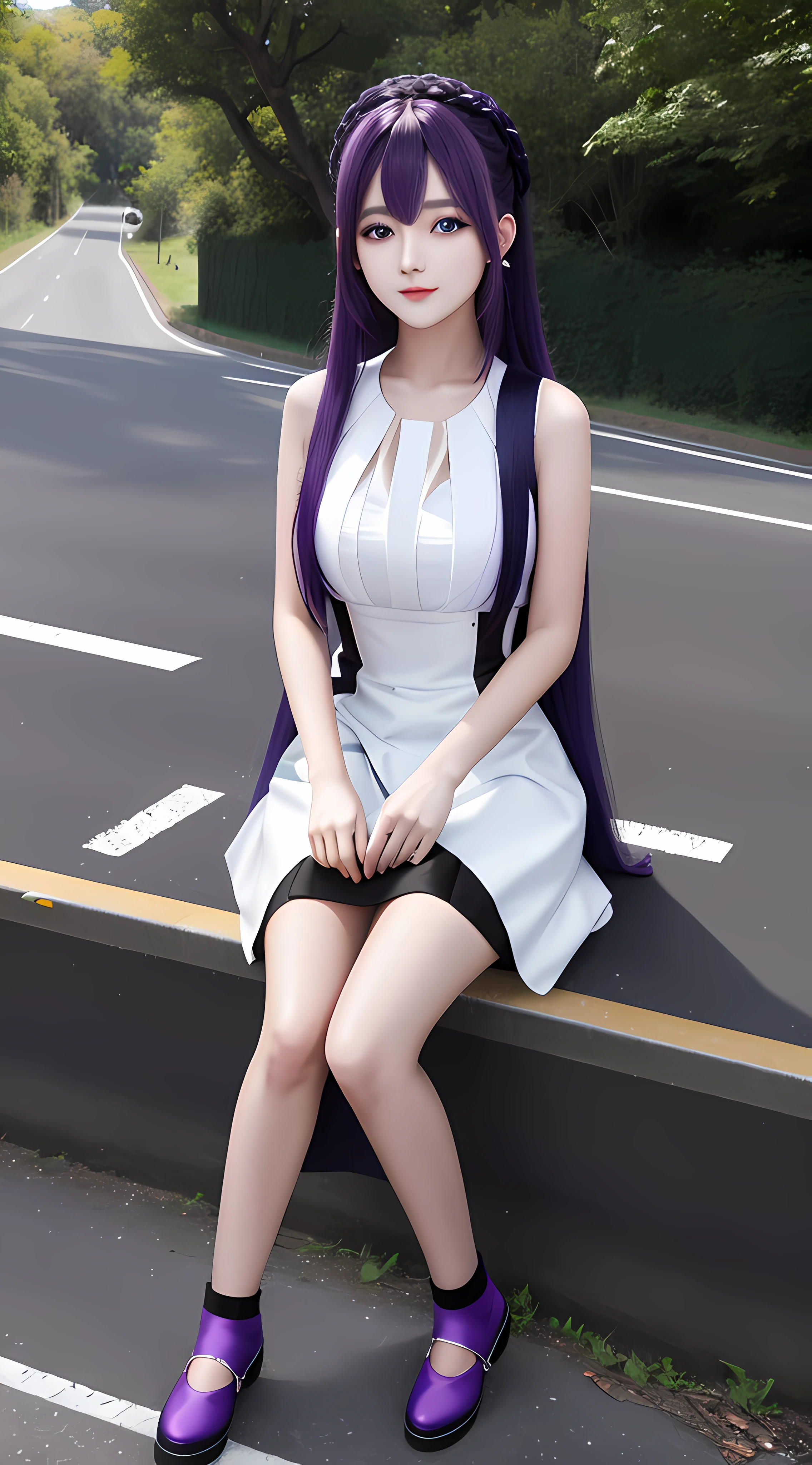 8k ultra resolution, a beautiful rgp cute girl, wearing white dress, realistic black and purple combination hair, dark blue eyes, sitting on the roadside, full body covered