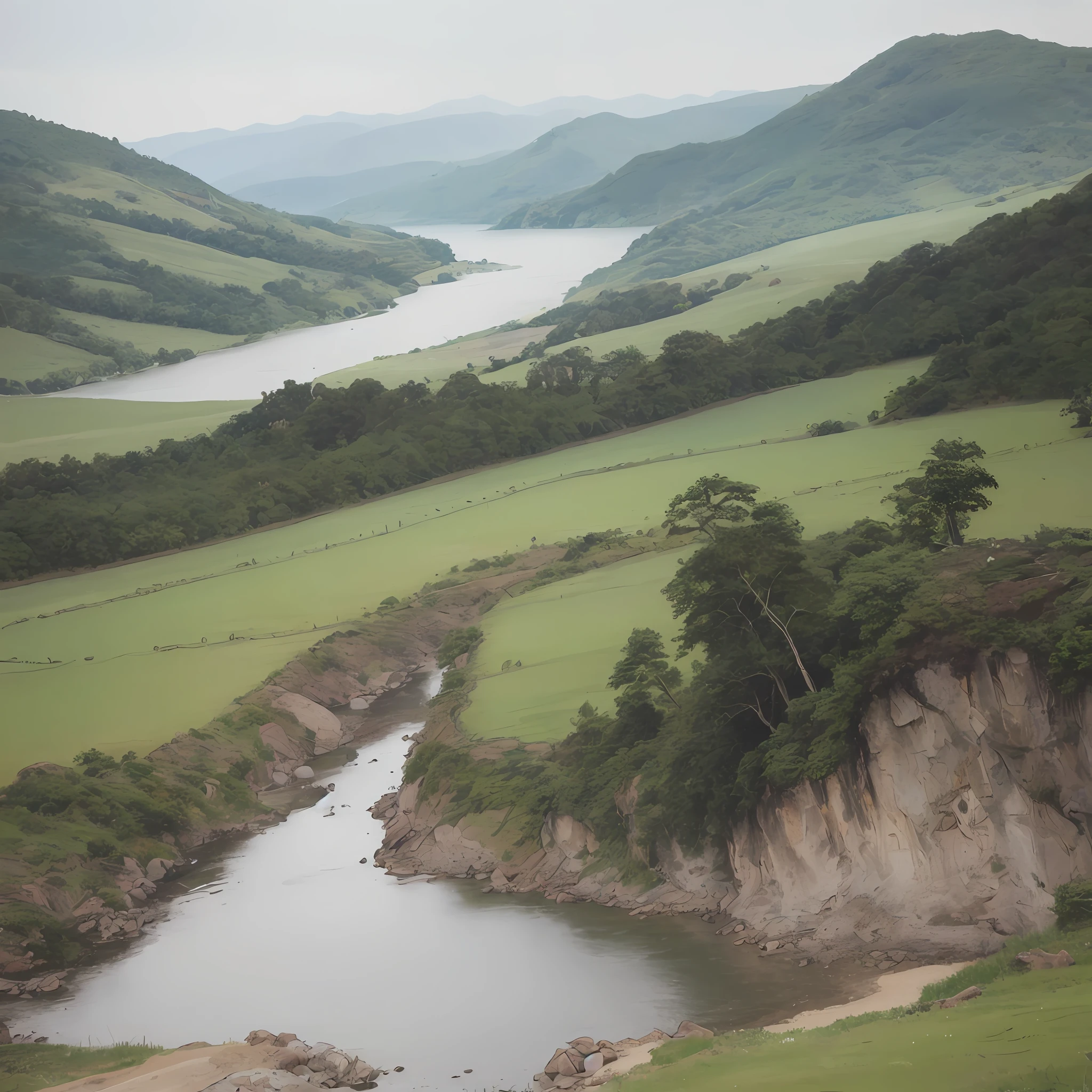 A landscape painting with mountains and water --auto