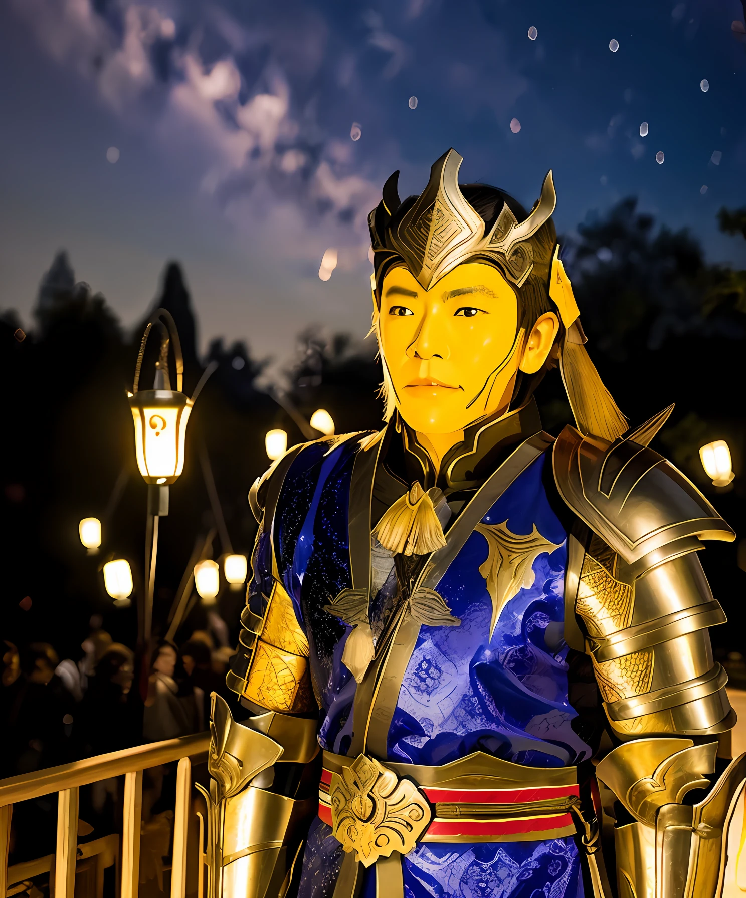 Beautiful armor, ancient style characters, fine city walls, starry sky Kong Ming lanterns, night lights of ten thousand homes