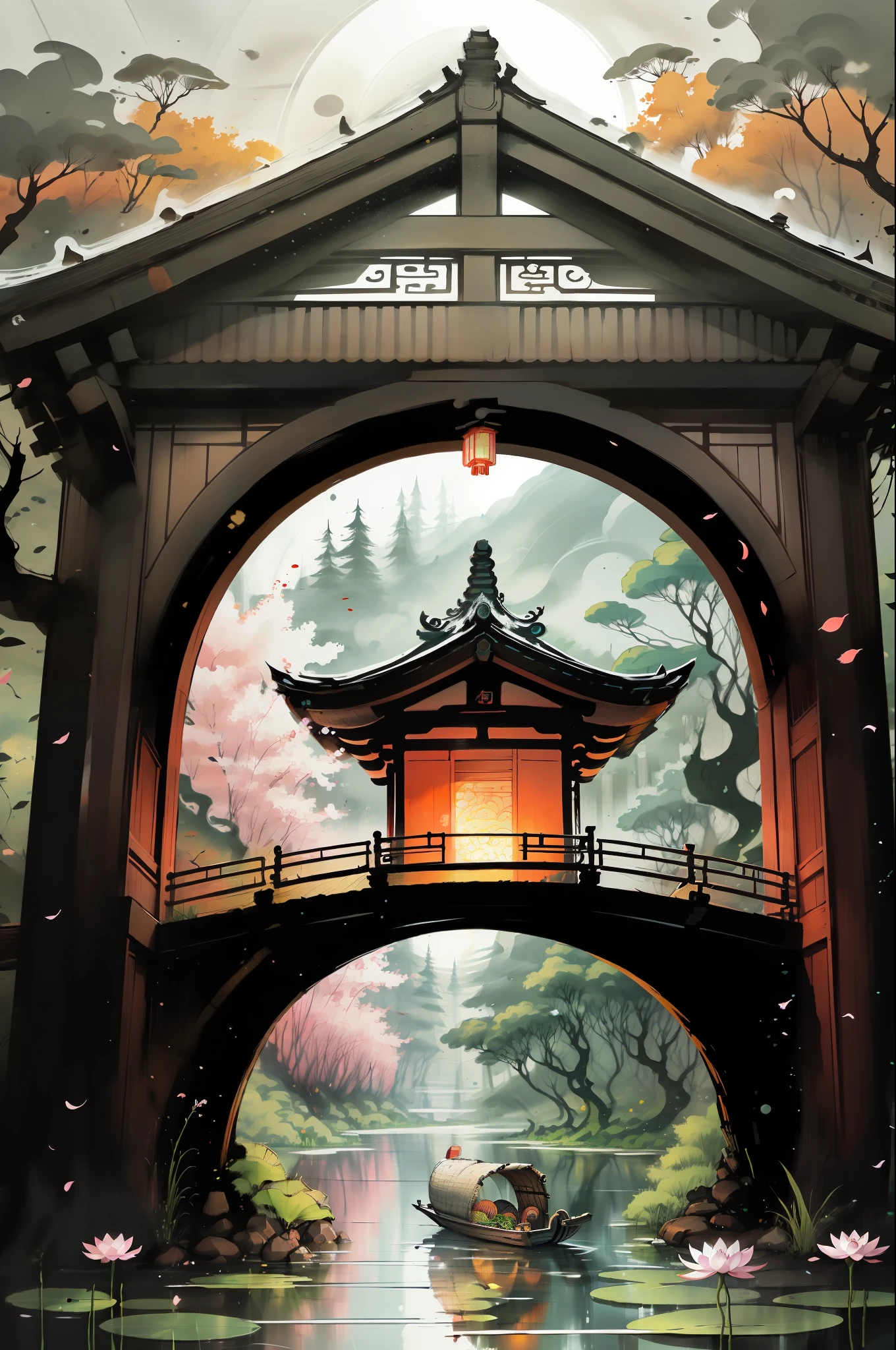 Chinese martial arts style, large area sky, ink style, outline light, atmospheric atmosphere, depth of field, mist rising, lake water, lotus flowers and leaves, small boats, pine trees, octagonal stone pavilions, arch bridges, night view,(No color)