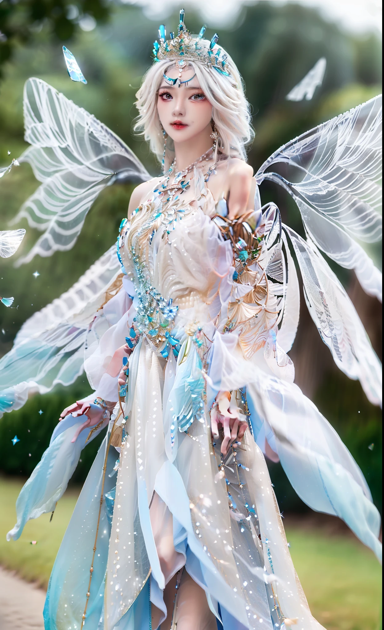 realistic,photorealistic,masterpiece,best quality,1girl,solo,(standing in street),looking at viewer,(((crystals texture Hair))),big top sleeves,floating,beautiful detailed eyes,overexposure,side blunt bangs,buttons,bare shoulders,light shafts,soft focus,character focus,wings,(((Transparent wings))),