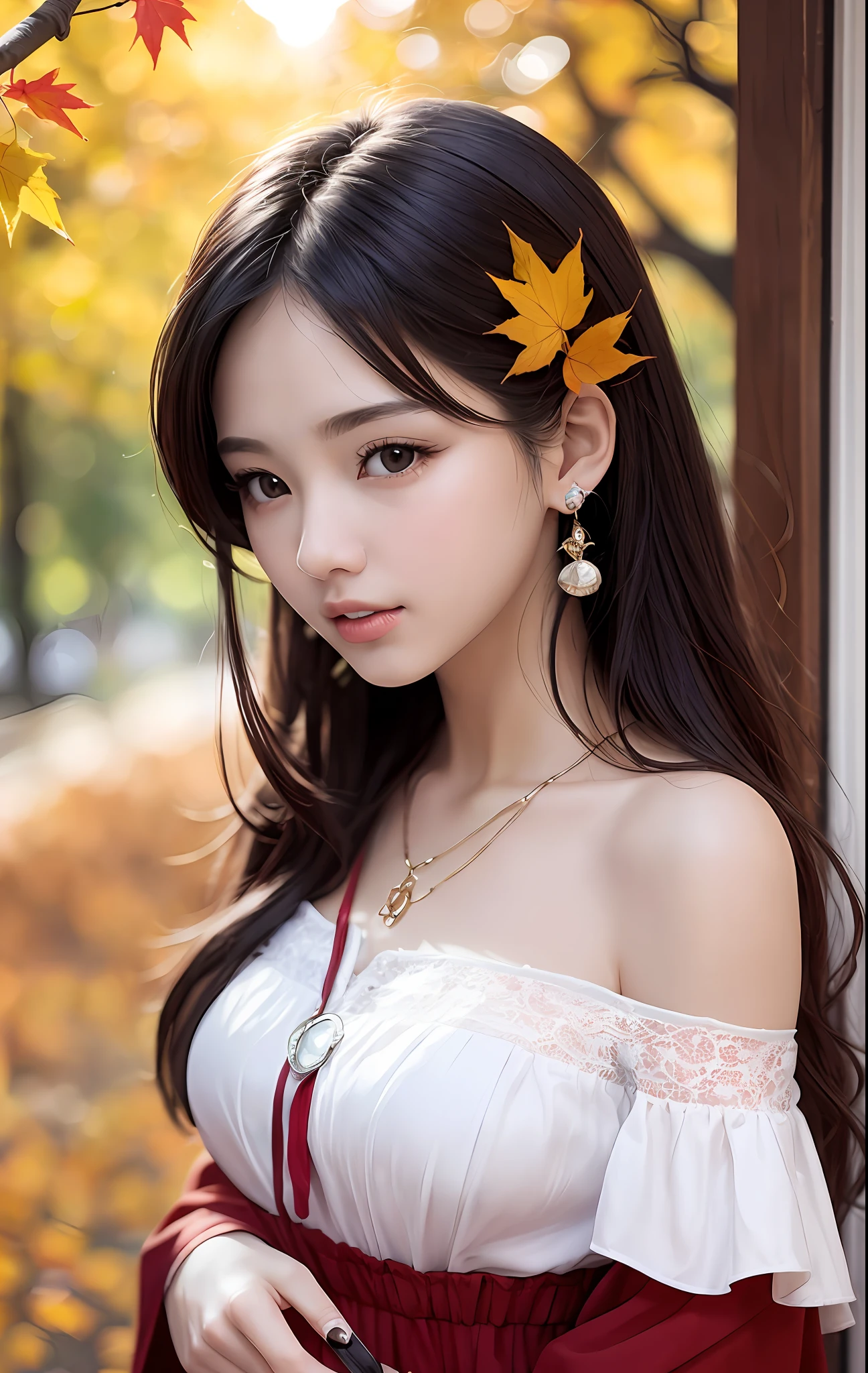 Beautuful Women、(top-quality、in 8K、32K、​masterpiece、nffsw:1.3)、(Photorealsitic:1.4)、realisitic:1.2、Detailed skin、Sun glare、lensflare、Detailed shading by sunlight、depth of fields、blurry backround、(Dark Red Off-Shoulder Dress)、
kyoto、jpn、((autumn day))、Rows of autumn leaves、ear ornament、lady's、a necklace、(A sexy:1.2)、breastsout、