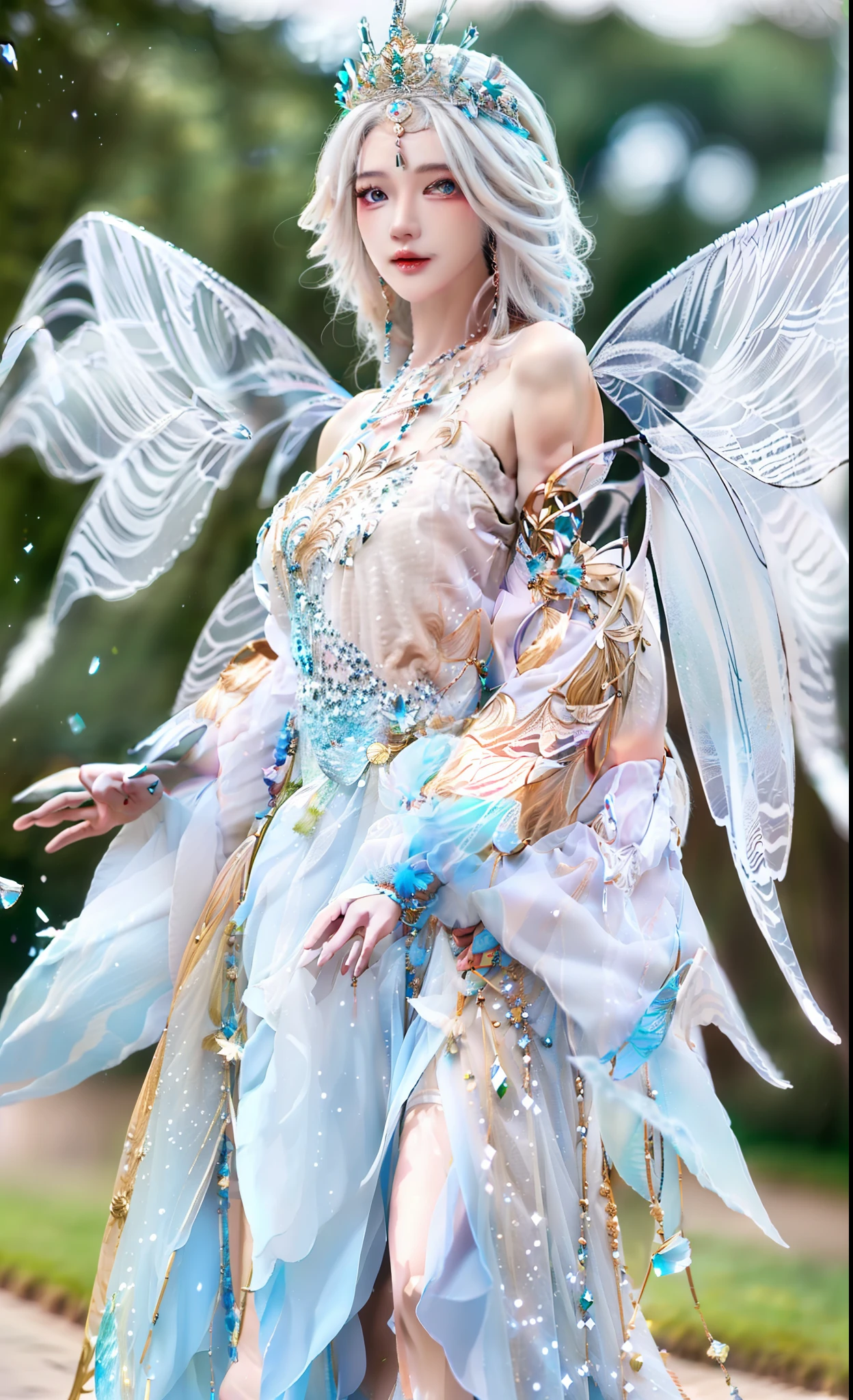 realistic,photorealistic,masterpiece,best quality,1girl,solo,(standing in street),looking at viewer,(((crystals texture Hair))),big top sleeves,floating,beautiful detailed eyes,overexposure,side blunt bangs,buttons,bare shoulders,light shafts,soft focus,character focus,wings,(((Transparent wings))),