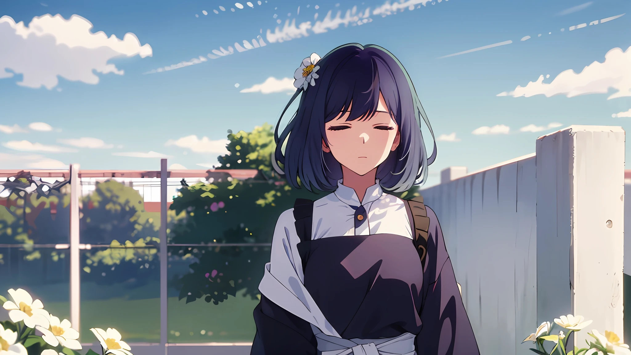 (Masterpiece, Best quality), ((1girll, (mature), akane, ), (Hair, Beautiful hair, hair adornments), (Closed eyes), (Take white flowers)), ((sky, Clouds), fence), (A high resolution, color difference), (),