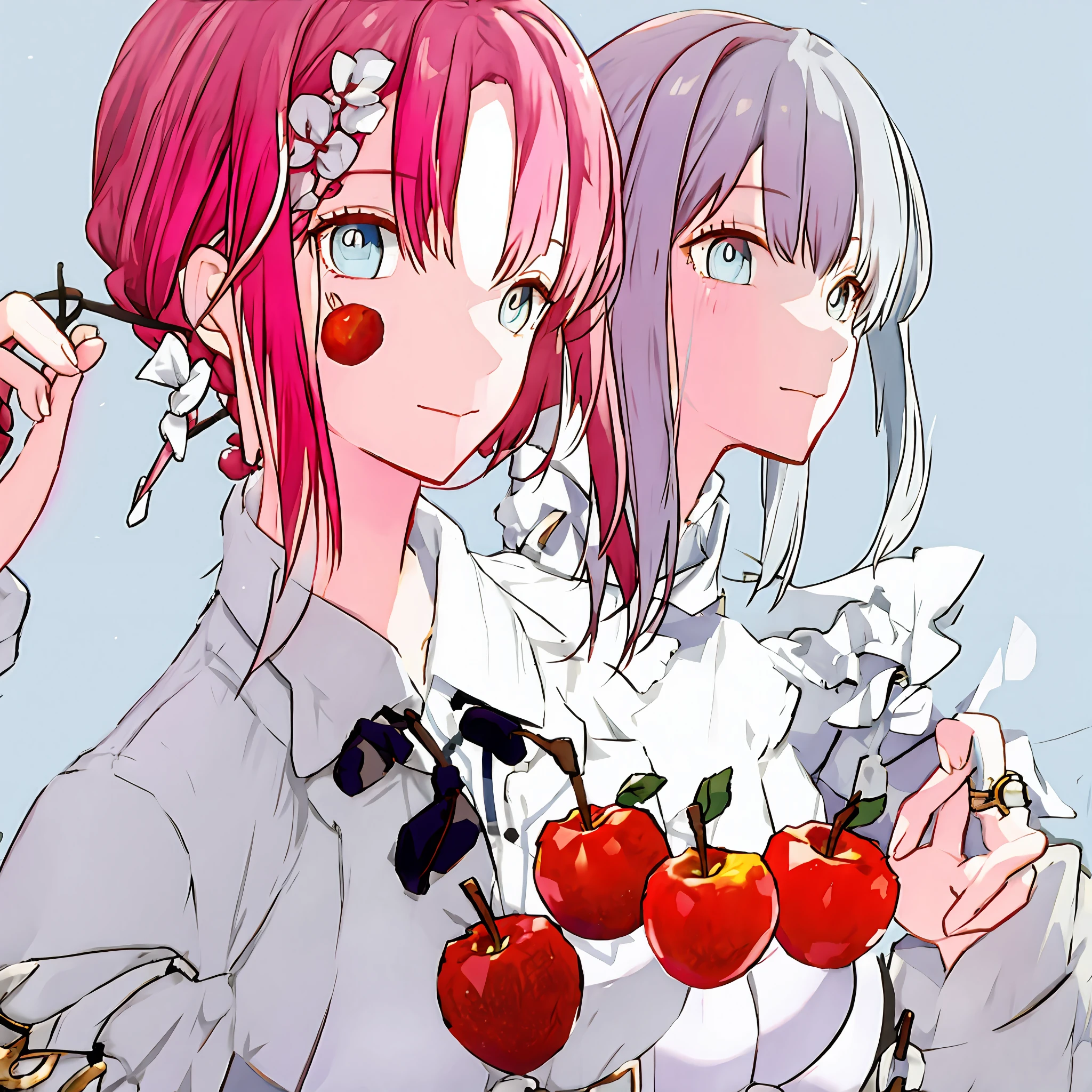 : apples、Be red in the face、cherrie、the fruits、full bodyesbian、Humanity、morango、Tomates、Beautiful and complex background、Blue perfect eyes、High-resolution face、White skin of the、Fantastic clear colors、Impressionist light and shadow、The two interact、Feathered wings、Clothes for white-haired characters turning into pink-haired characters