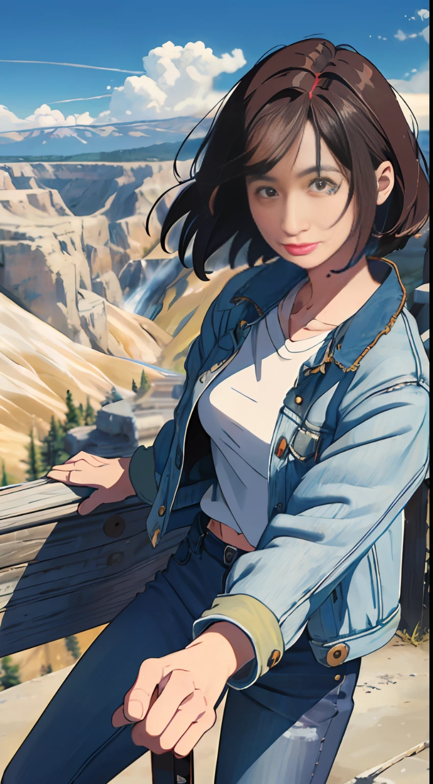 (((1 rapariga, adolable, jean jacket, White top, denim pant, mitts, brunette color hair, short detailed hair, bobo head, side parted hair, eBlue eyes))), (((brunette color hair))), dynamicposes, Manhwa Style, Depicts a group of characters in various action scenes，From intense battles to relaxing moments，With dramatic speed lines and bold sound effects，Capture the excitement and energy of the story，Laser emitted by the palm of the hand，Attack forward with the palm of your hand，Yellowstone，Grand canyon， --auto