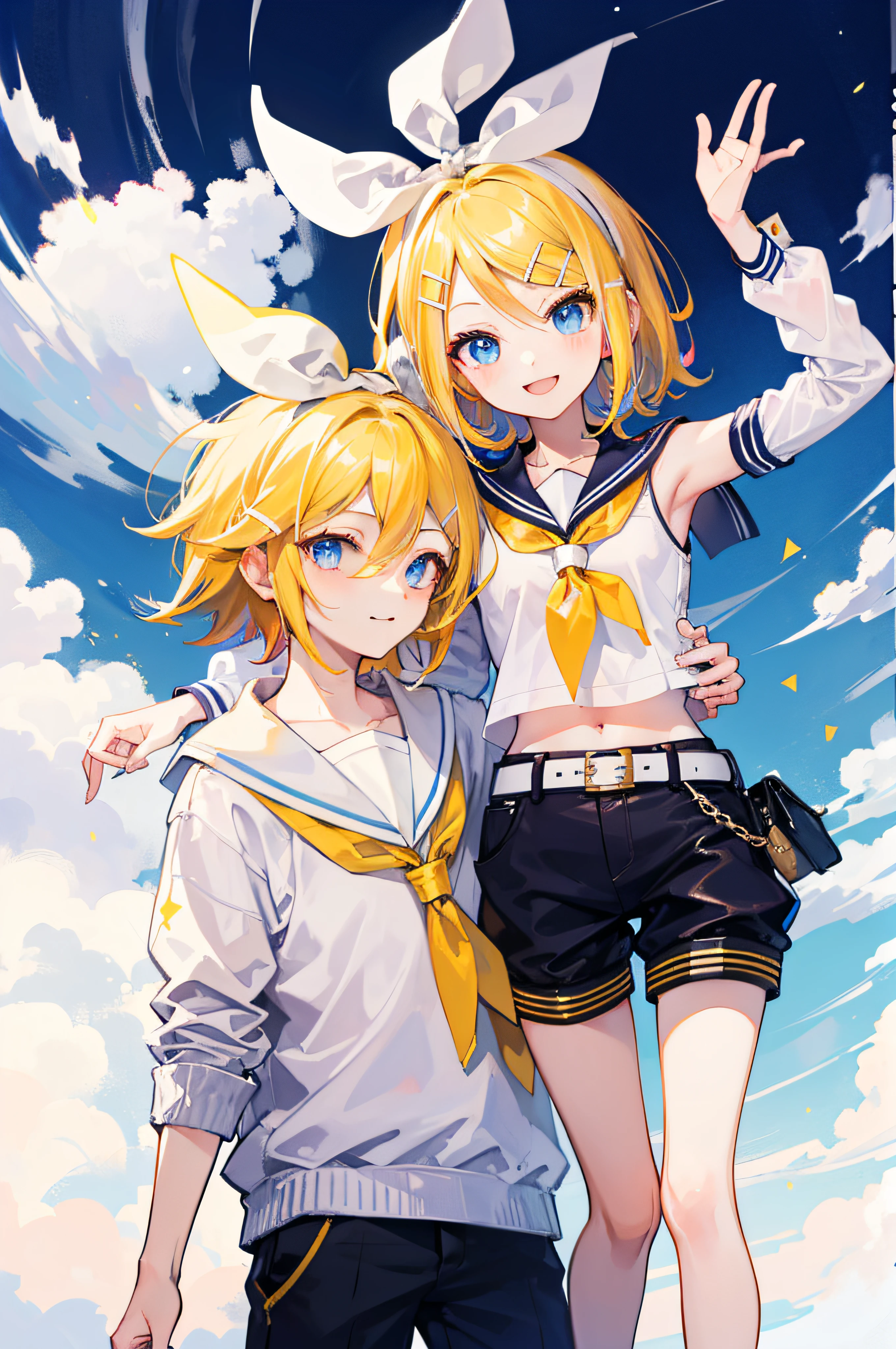 best quality, ultra precision, one girl, (Rin_Kagamine), blond hair, cute, smiles, short hair, high school student, blue eyes, girlfriend, long leg, long arm, sailor uniform, short pants, belt, sleeveless