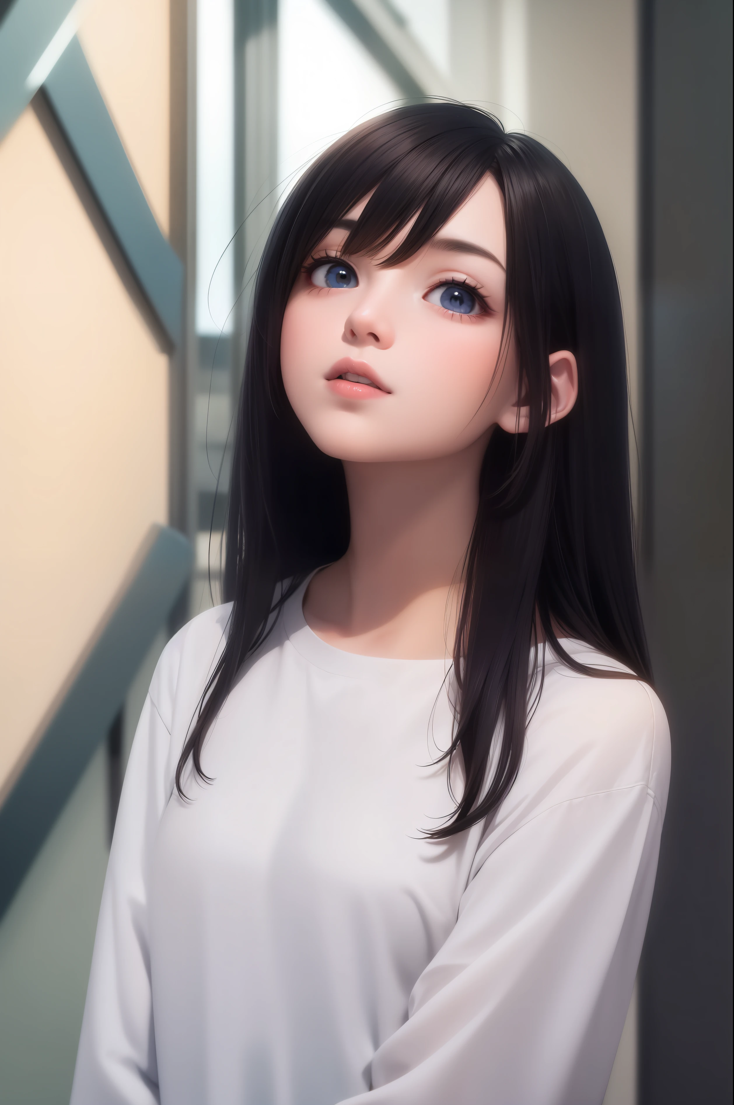 best quality, masterpiece, black hair, blue eyes, looking up, upper body