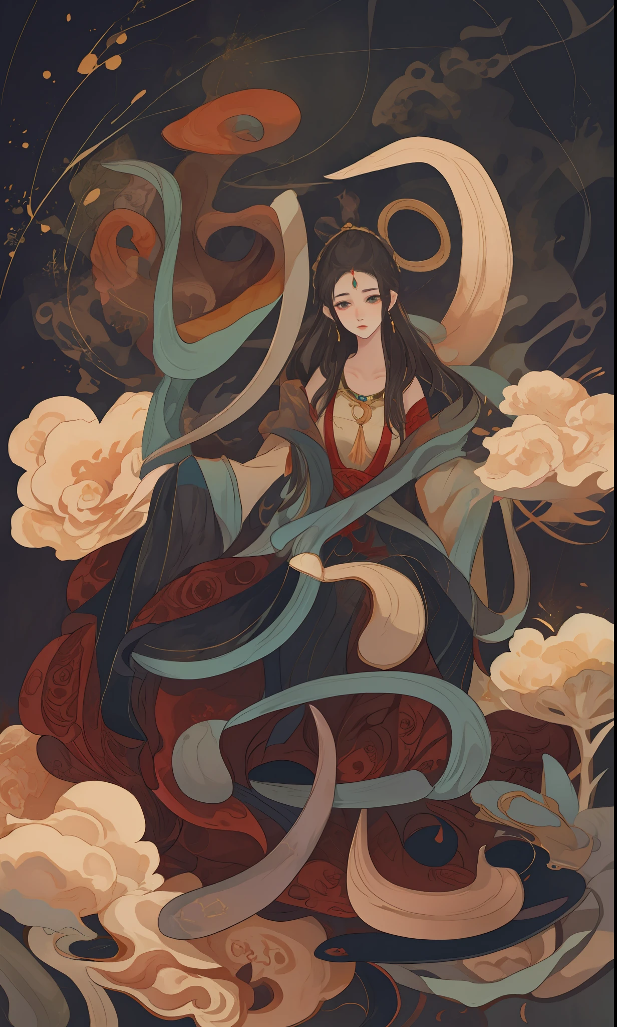 A beautiful girl in ancient China, mysterious temperament, gorgeous long dress, huge pomegranate tree, pomegranate flowers, standing under the tree, sunlight, clear face, masterpiece, super detailed, epic composition, high quality, highest quality , 4k --v 6