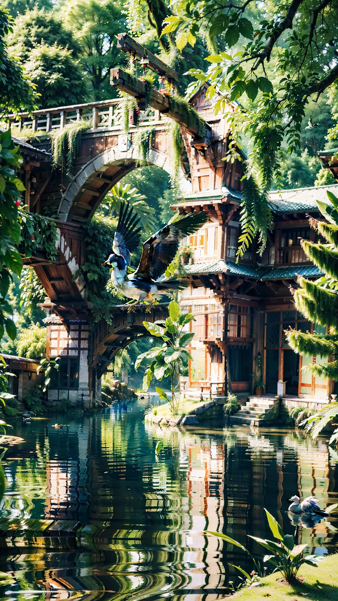 ((Best quality)), ((Masterpiece)), ((Detailed)), [Peaceful riverside scenery], [Lush greenery], [Ancient wooden bridge], [traditional houses], [reflections on the water], [Gentle breeze], [Birds chirping], [Harmonious atmosphere], [Timeless beauty], (Oil painting:1.2), (Realistic:1.1), (Vibrant colors:1.1)