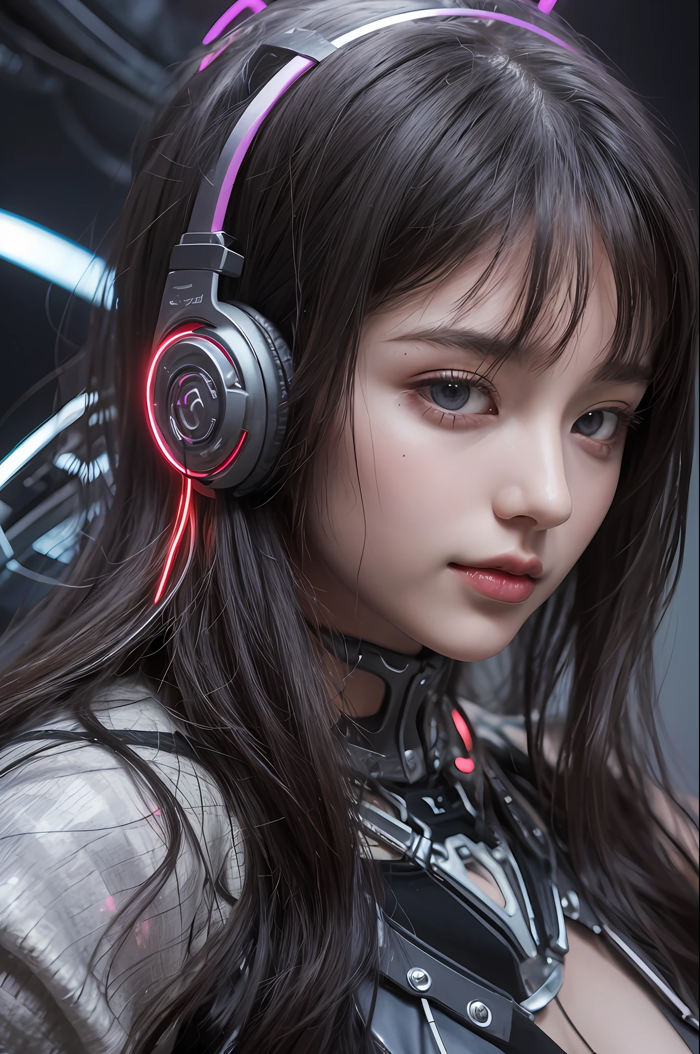 top-quality、masterpiece、超A high resolution、(Photorealsitic:1.4)、Raw photo、女の子1人、Black hair、glowy skin、1 Mechanical Girl、((super realistic details))、Portrait、Global Illumination、Shadow、Octane Render、8K、ultrasharp、Colossal tits、Raw skin is exposed in cleavage、Metal、Details of complex ornaments、headset on head、Hydraulic cylinder、Gothloli details、Realistic light、CGSoation Trends、Purple eyes、Glowing eyes、Facing the camera、neon details、Mechanical limbs、blood vessels connected to tubes、Mechanical vertebrae attached to the back、mechanical cervical attaching to neck、Wires and cables connecting to the head、evangerion、Cyberpunk、Small LED lamp、processor、Luminous tube、perfectly proportions、The background is the cockpit of a futuristic spaceship、