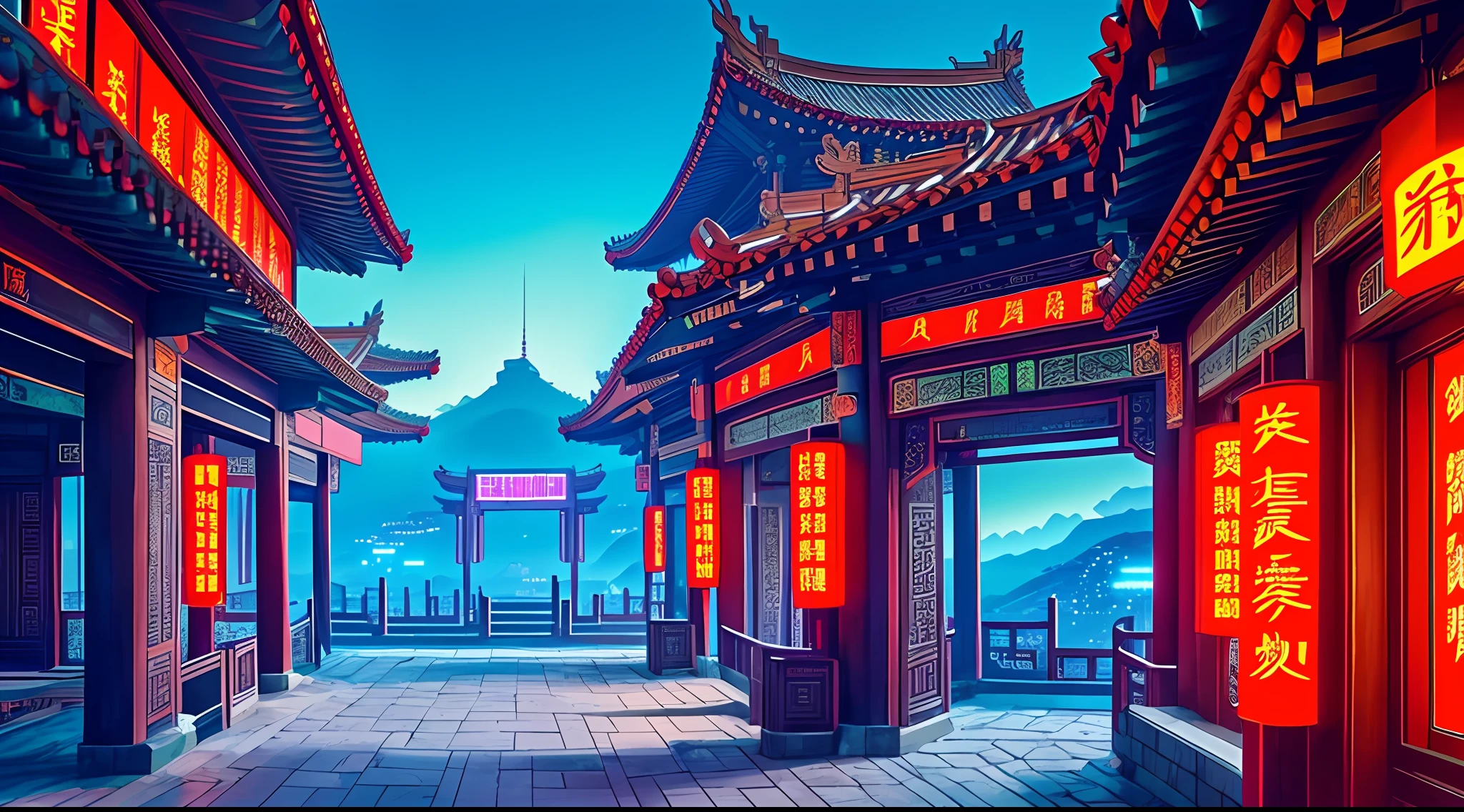 Chinese ancient architecture,cyber punk perssonage,Science fiction scene,neon lights,tholos,Faraway view,Overlooking --auto