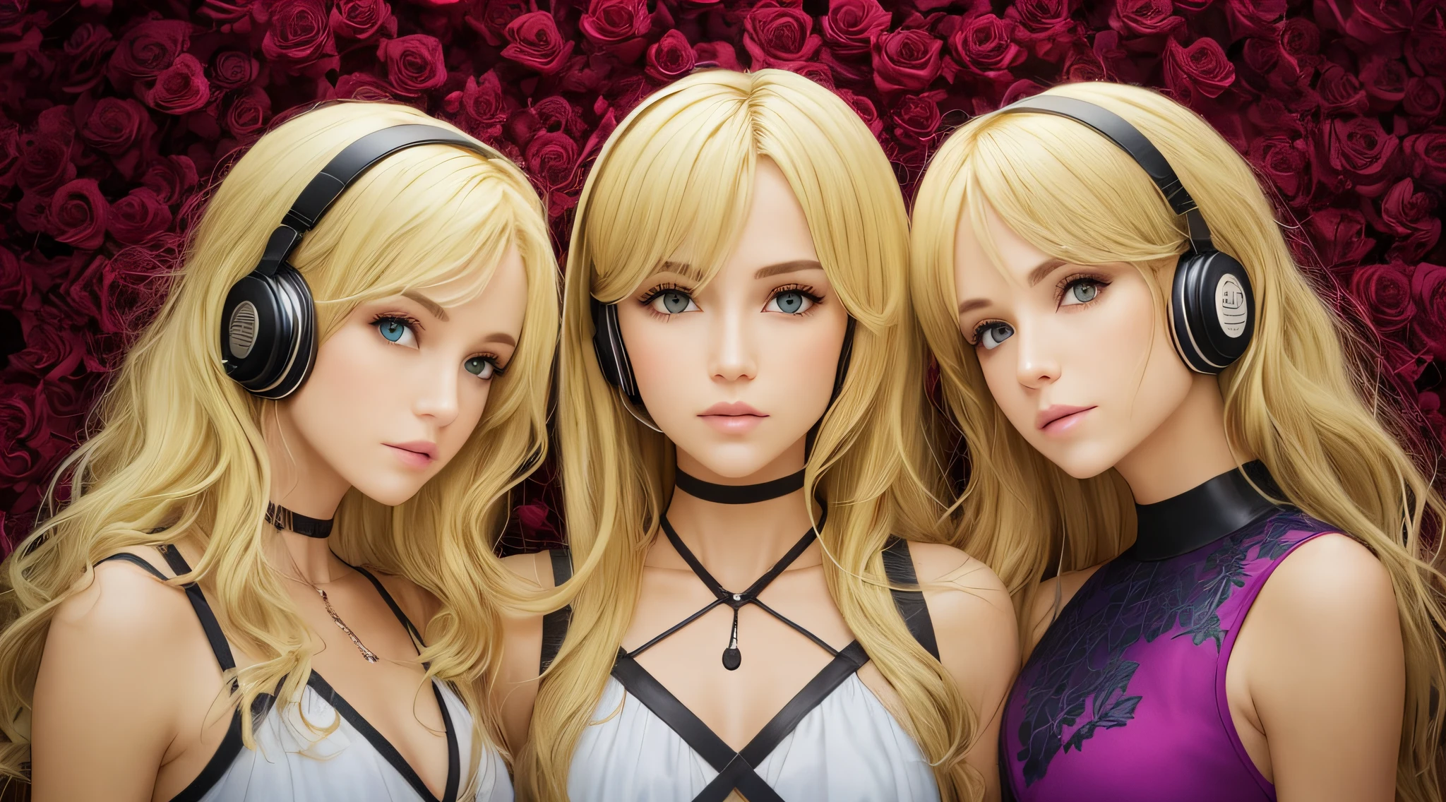 Blond-haired triplets,fones de ouvido, edge of thorns em segundo plano,