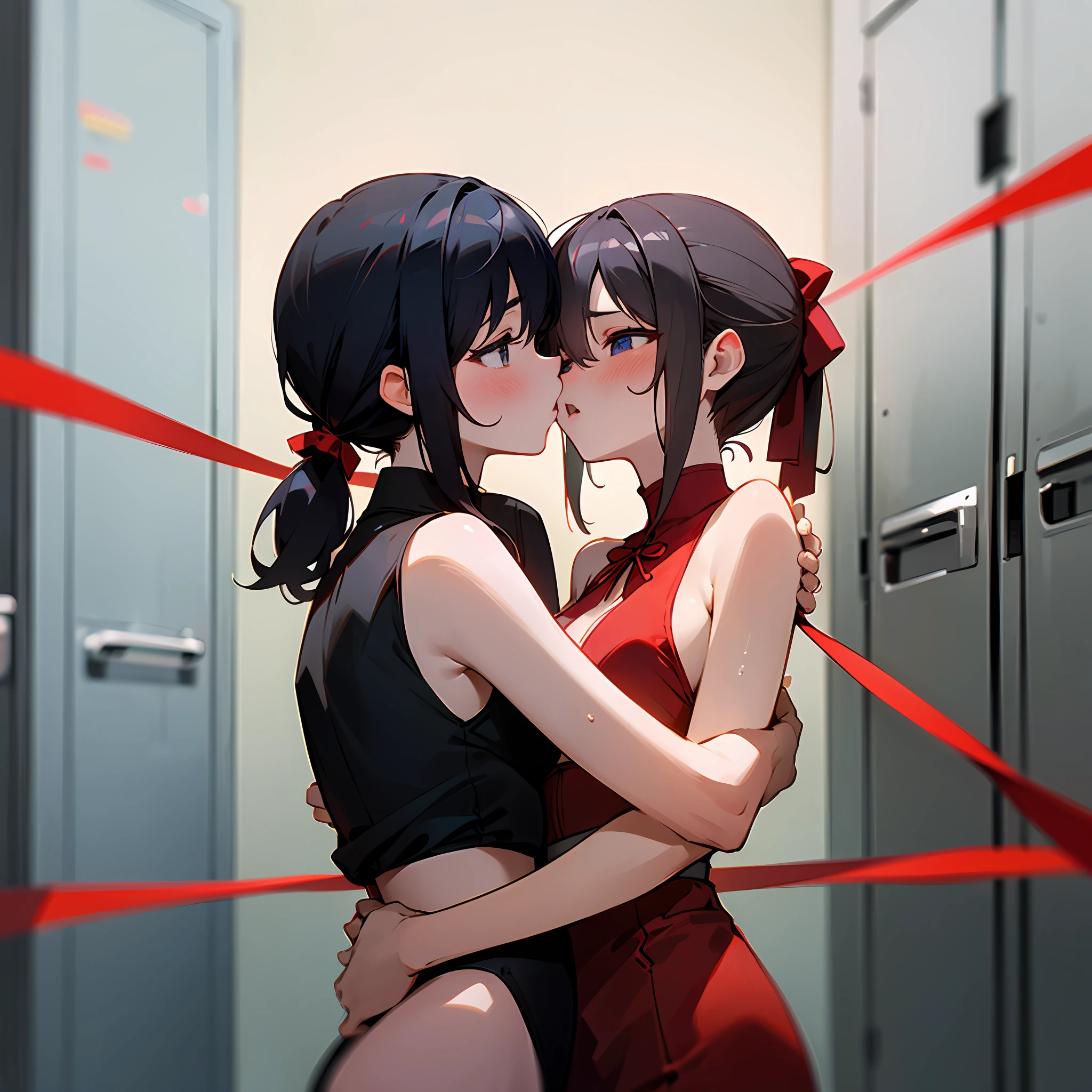 master-piece,hyper quality, hyper detailed,perfect drawing,Hi-Res、2People Japan Idols、((She has black hair in a ponytail tied up with a red ribbon))、School swim wear、Lovers、Look at each other from the front、((Kiss))、(((French Kiss)))、Hug each other as if pressing against each other's chests、stare at each other、Moist eyes、Half-open lips、Beautiful、red blush(0.2)、Functional、seductiv、trance、Demagoguery、Beauty、bustup、Shunguang、、Shot from the front diagonally below、Precise drawing、Detailed drawing、Precise human body structure、Locker Room、beatiful backgrounds、