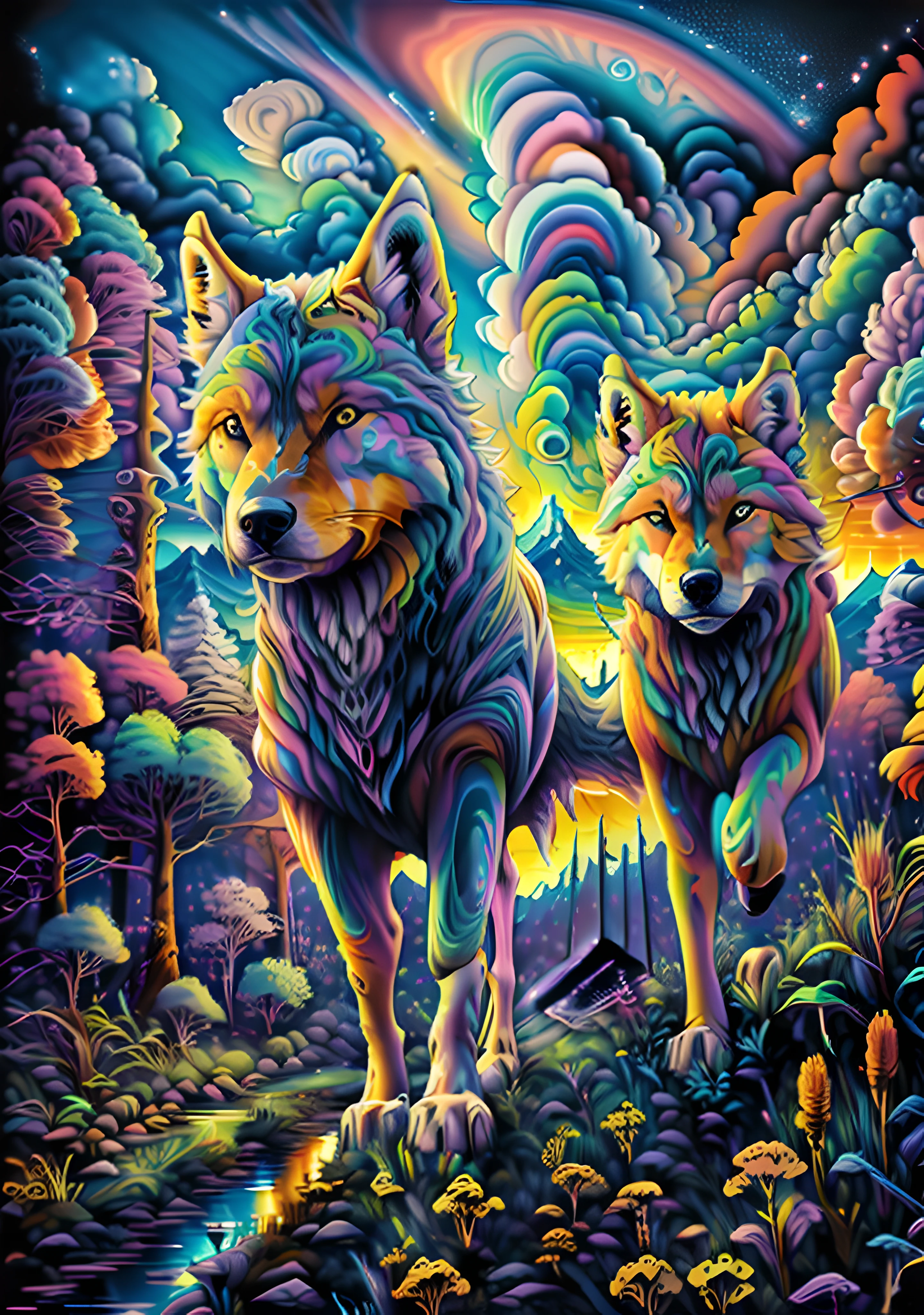 3 wolfes running through the field ,mountains ,rural landscape ,wilderness, bird of prey flying high ,stunning visuals ,multi dimensional ,quilling paper,psychedlic clouds, art, sunset reflects on the lake,2 rainbows above,chibi, yang08k, beautiful, colorful, Masterpieces, top quality, alex grey,psychedelic colours,best quality, official art, beautiful and aesthetic,((8K ultra realistic))