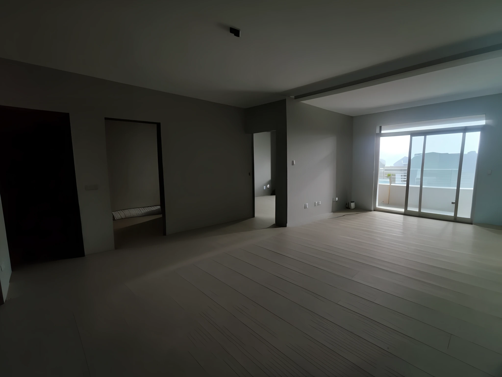 Minimalist decoration rendering wooden floor white wall installation door lighting rendering sunlight outside the window