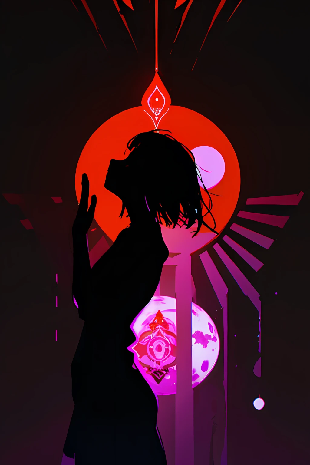 A silhouette in a meditative pose is painted in black, standing out against a bright and colorful background. The chakras are represented as gradient circles, ranging from red at the base to violet at the top, emitting subtle glows. Abstract and organic patterns surround the silhouette, evoking nature and harmony. The painting captures the balance and inner peace of chakras and yoga in a minimalist and evocative artistic composition.